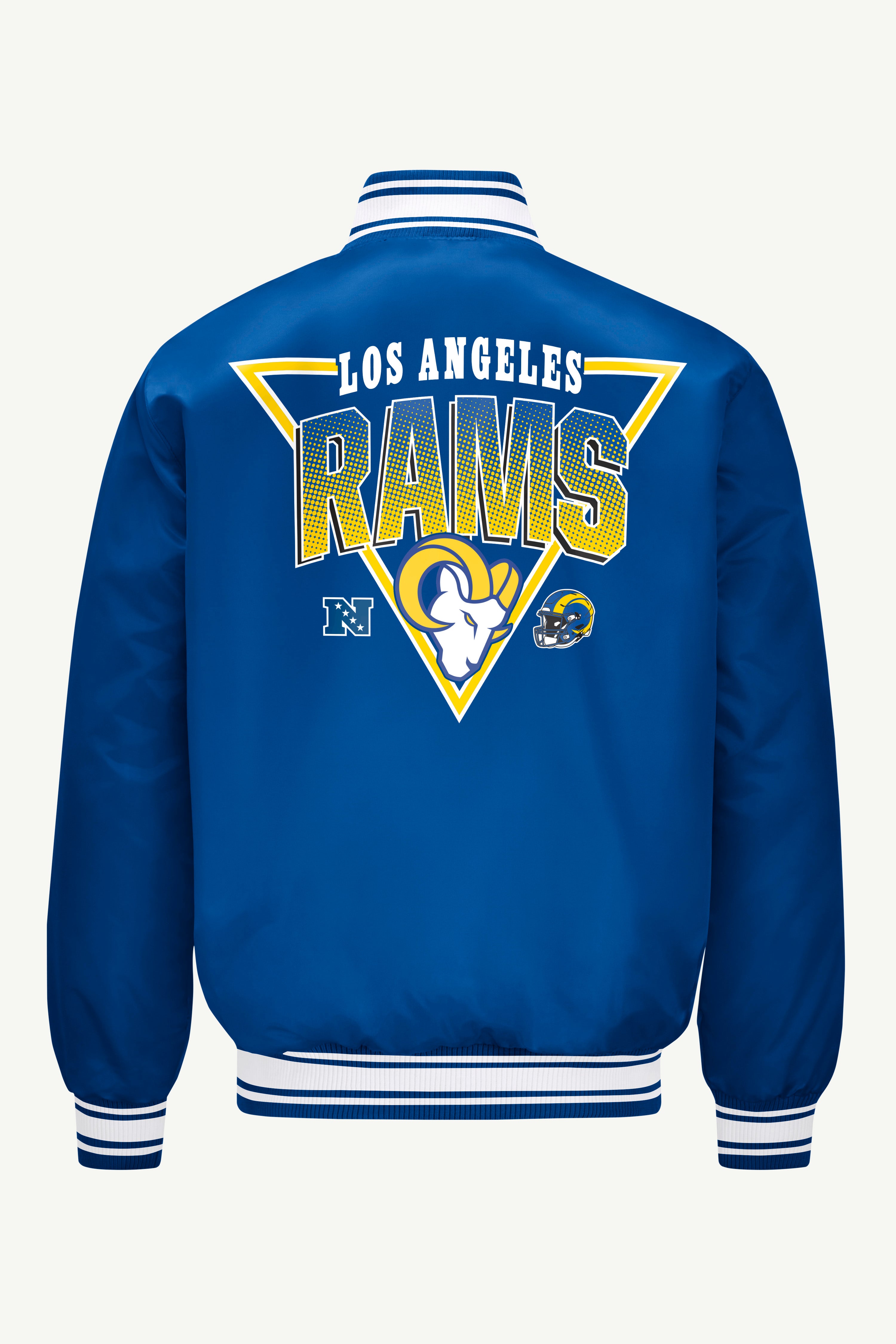 MENS LOS ANGELES RAMS TRIANGLE SATIN VARSITY JACKET View 2 | Los Angeles Rams MENS LOS ANGELES RAMS TRIANGLE SATIN VARSITY JACKET View 2 | Los Angeles Rams