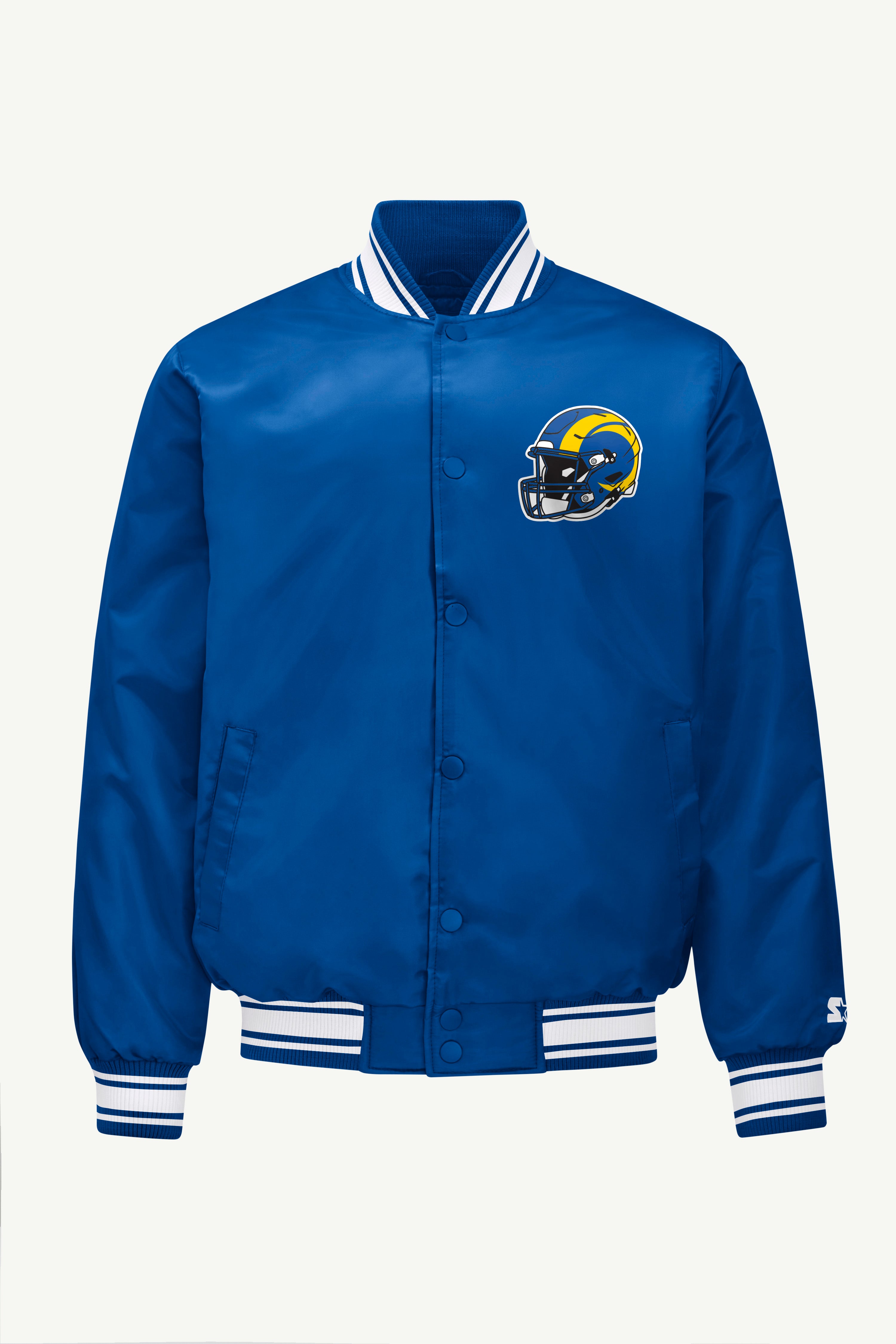 MENS LOS ANGELES RAMS TRIANGLE SATIN VARSITY JACKET View 1 | Los Angeles Rams MENS LOS ANGELES RAMS TRIANGLE SATIN VARSITY JACKET View 1 | Los Angeles Rams