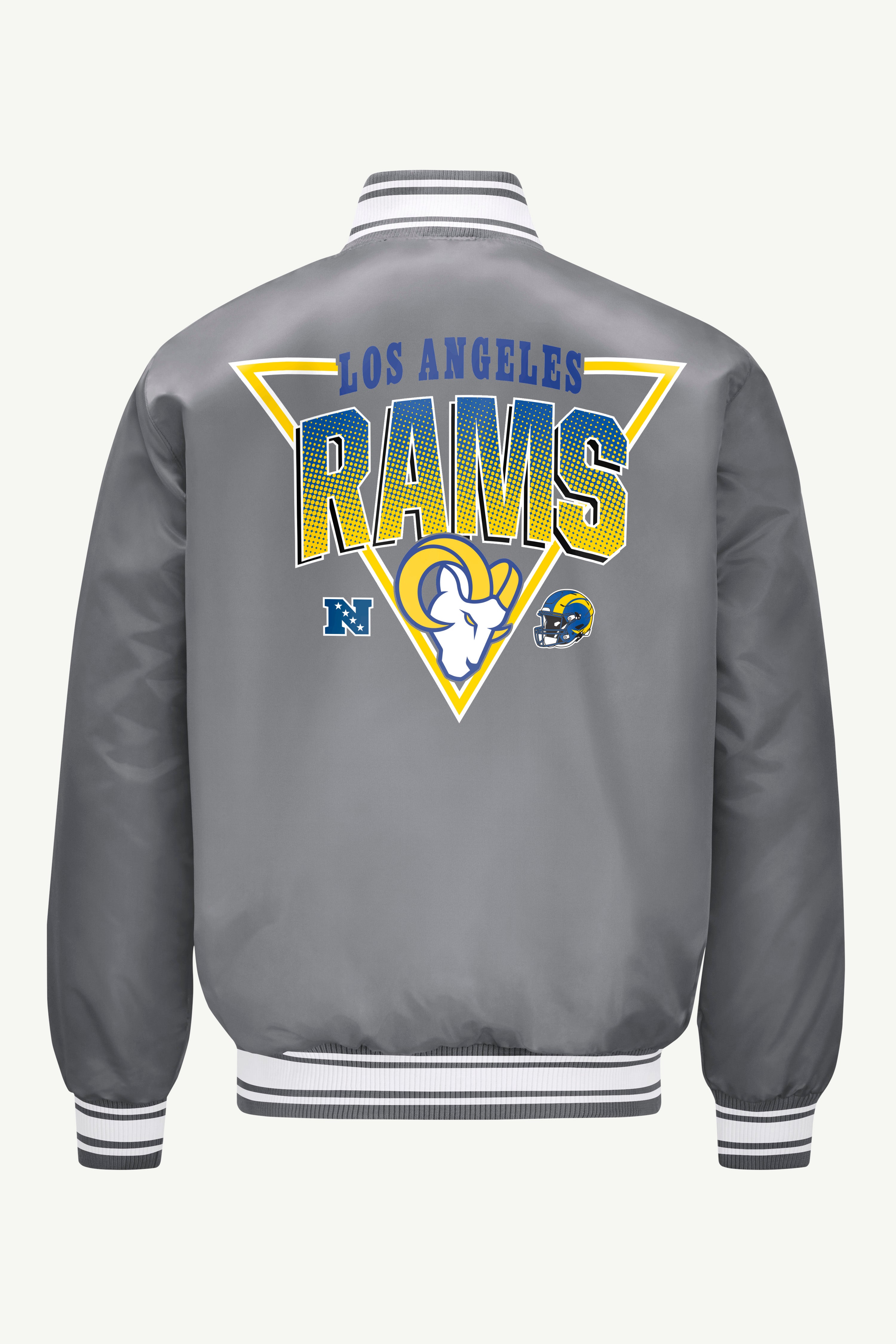 MENS LOS ANGELES RAMS TRIANGLE SATIN VARSITY JACKET View 2 | NFL MENS LOS ANGELES RAMS TRIANGLE SATIN VARSITY JACKET View 2 | NFL