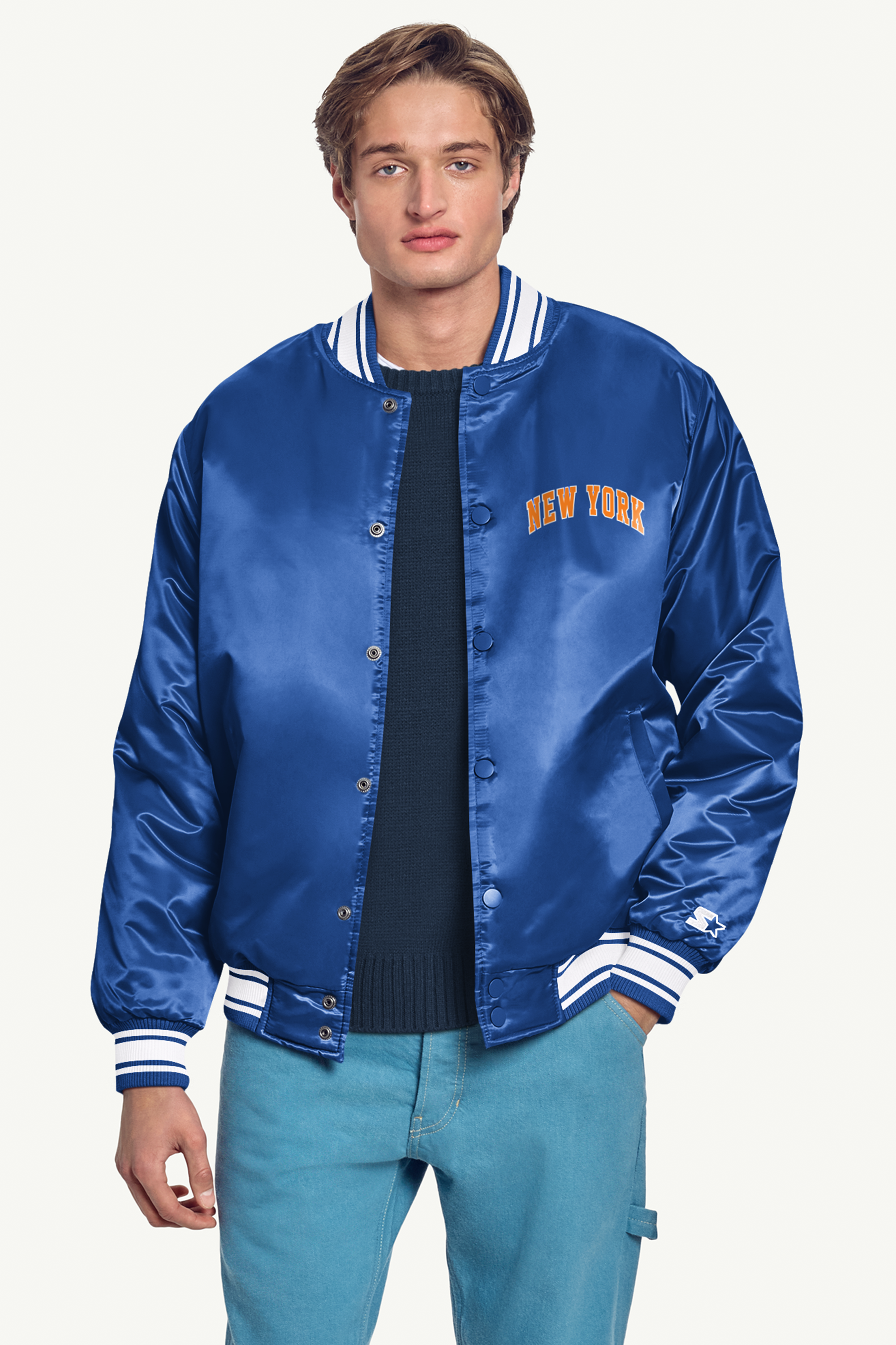 MENS NEW YORK KNICKS PRINTED GRAPHIC SATIN VARSITY JACKET View 3 | Starter Jackets MENS NEW YORK KNICKS PRINTED GRAPHIC SATIN VARSITY JACKET View 3 | Starter Jackets