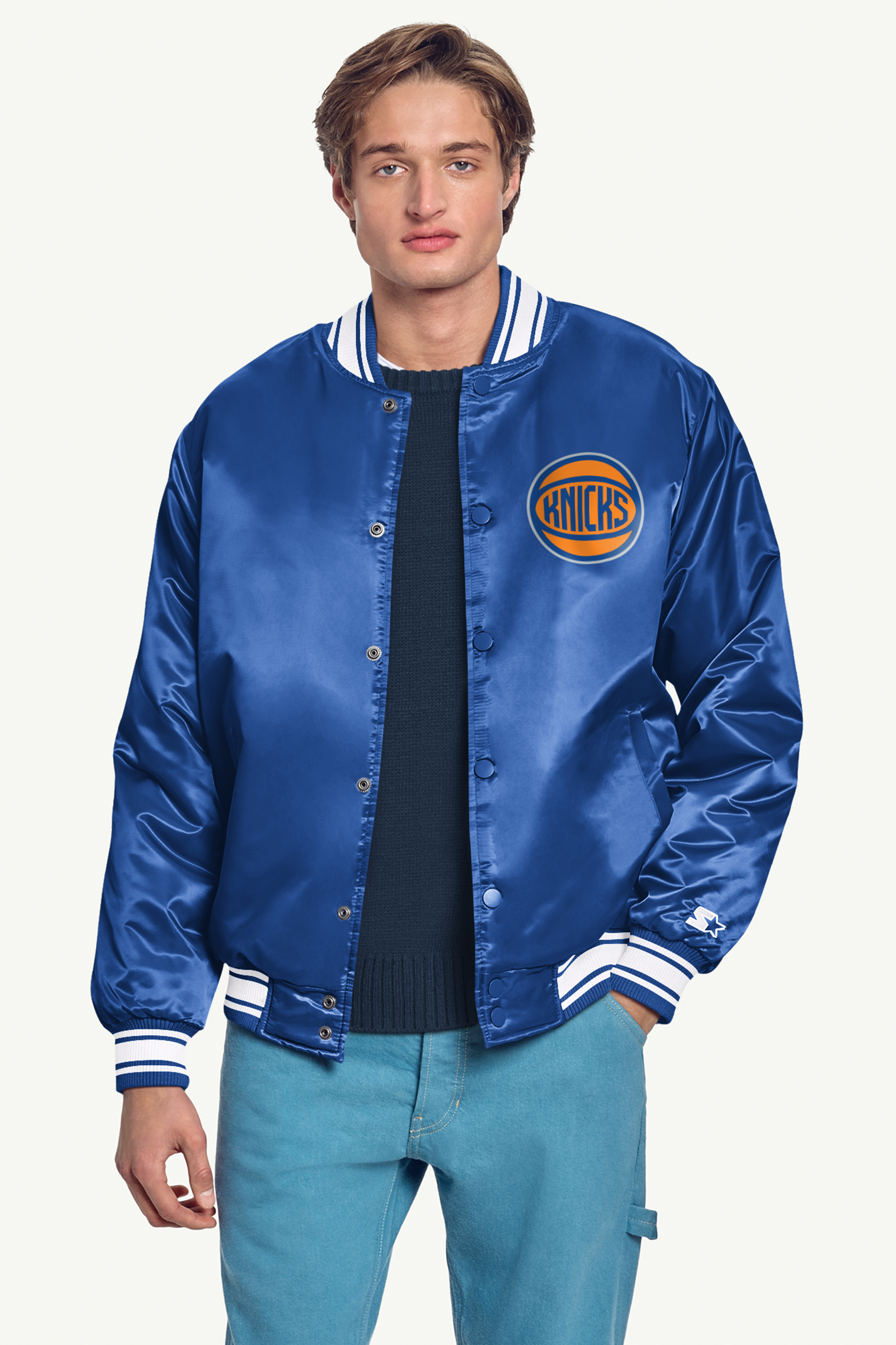 MENS NEW YORK KNICKS PRINTED GRAPHIC BASKETBALL SATIN VARSITY JACKET View 3 | Starter Jackets MENS NEW YORK KNICKS PRINTED GRAPHIC BASKETBALL SATIN VARSITY JACKET View 3 | Starter Jackets