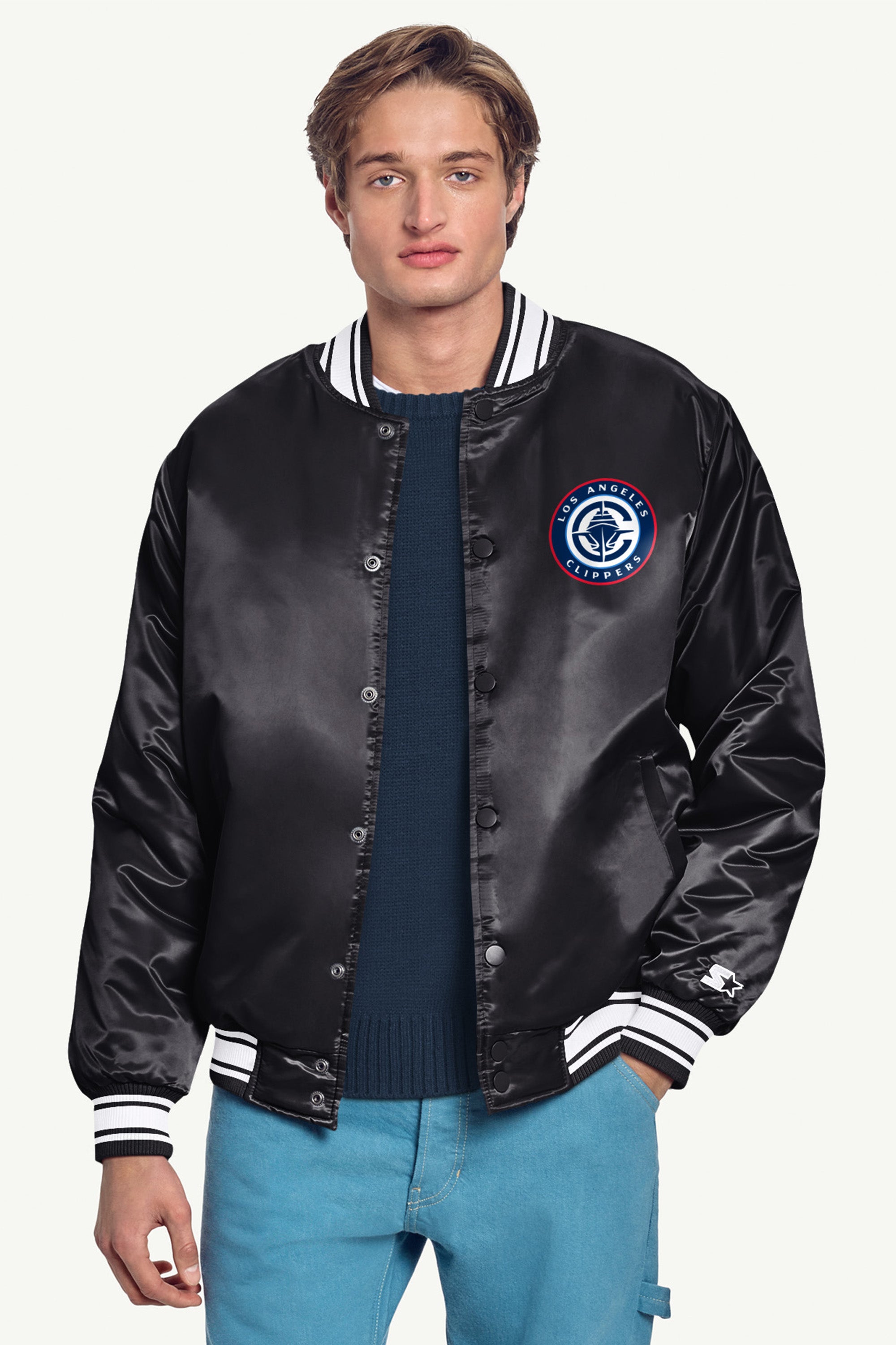 MENS LOS ANGELES CLIPPERS MESH LOOK SATIN VARSITY JACKET View 3 MENS LOS ANGELES CLIPPERS MESH LOOK SATIN VARSITY JACKET View 3