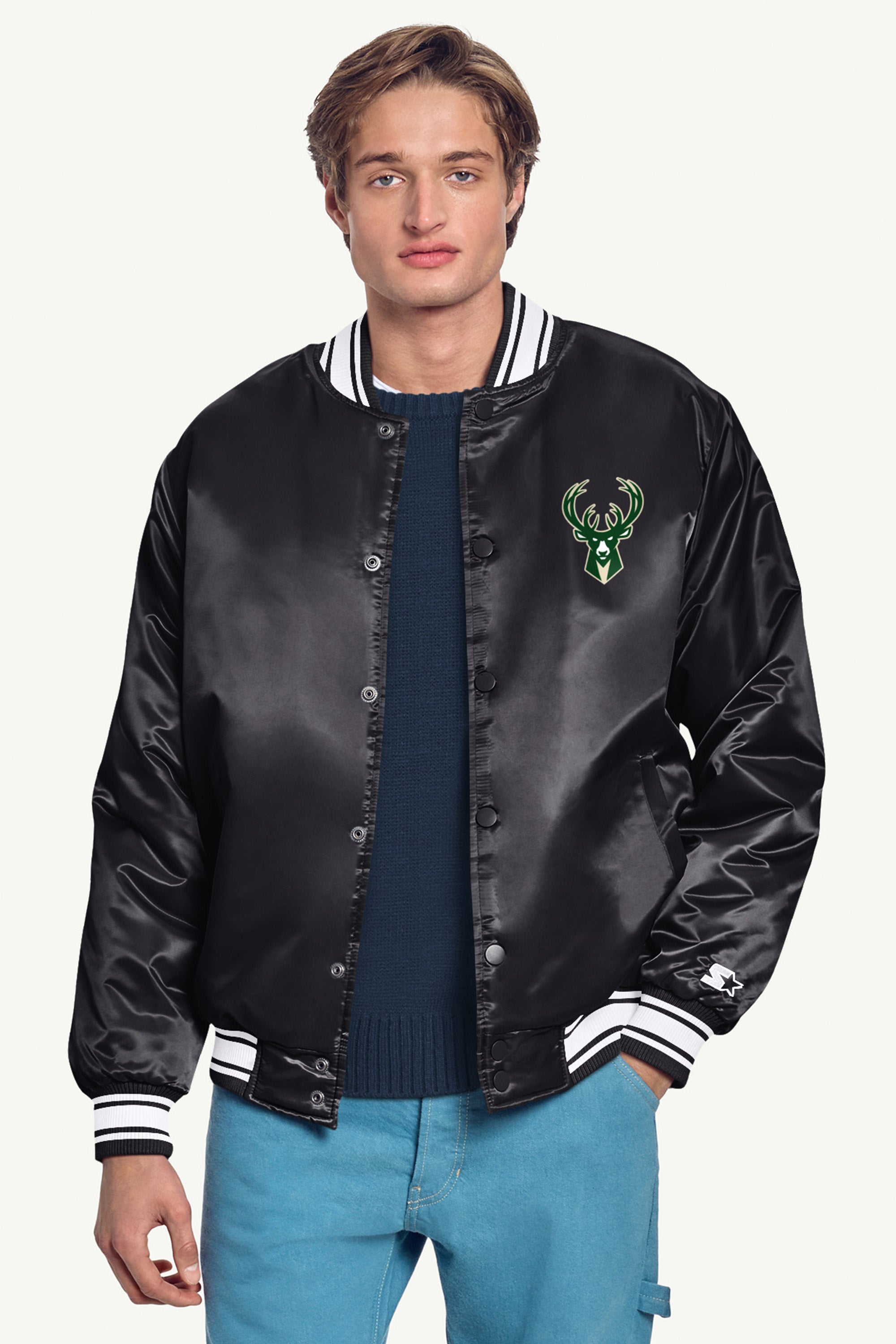 MENS MILWAUKEE BUCKS MESH LOOK SATIN VARSITY JACKET View 3 MENS MILWAUKEE BUCKS MESH LOOK SATIN VARSITY JACKET View 3