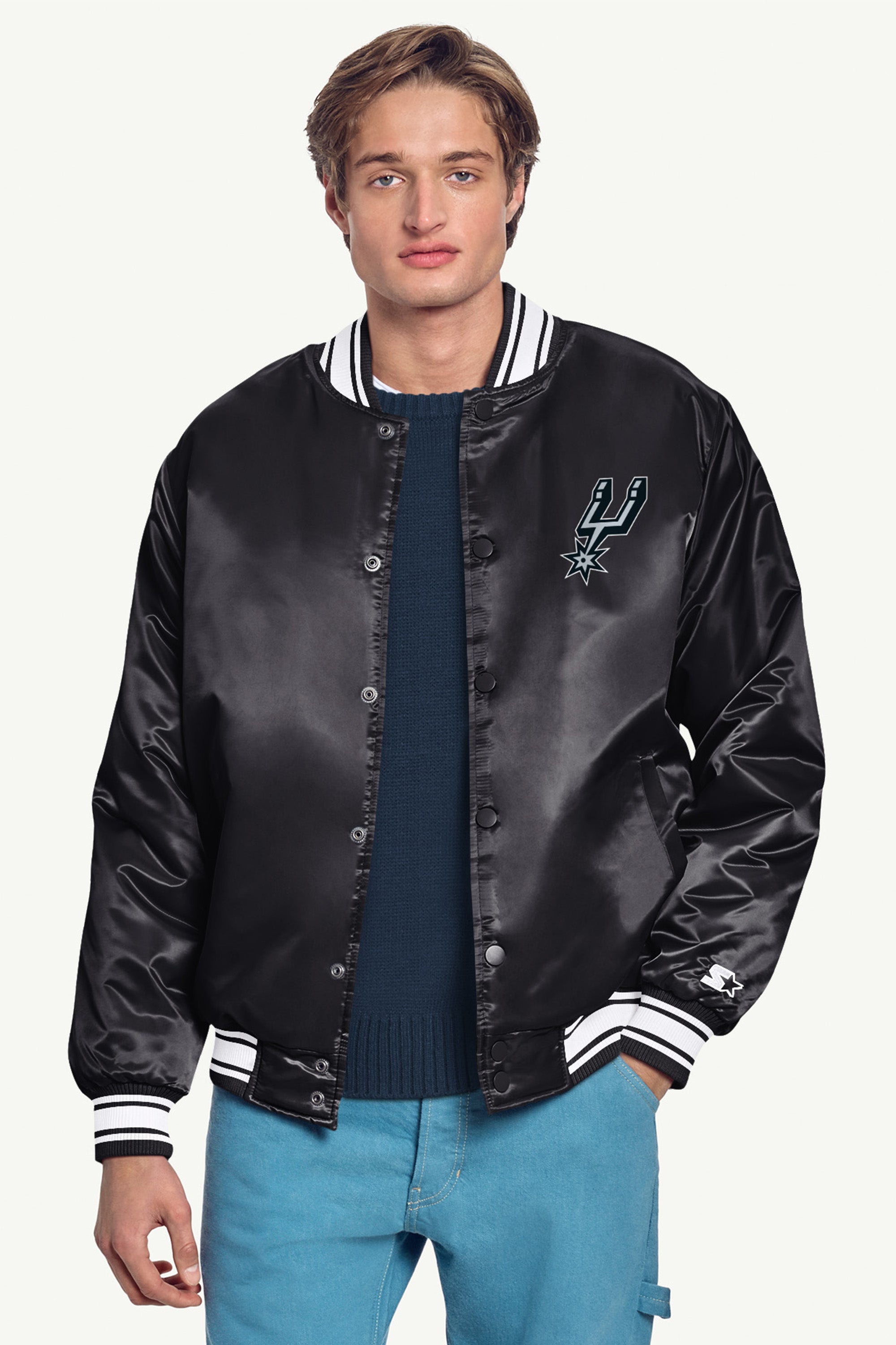 MENS SAN ANTONIO SPURS MESH LOOK SATIN VARSITY JACKET View 3 MENS SAN ANTONIO SPURS MESH LOOK SATIN VARSITY JACKET View 3