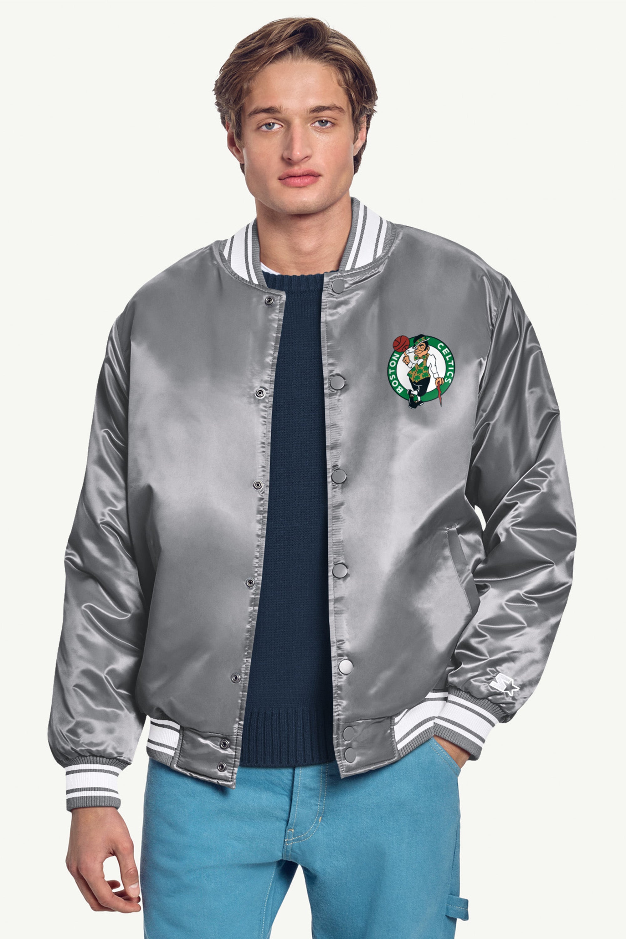 MENS BOSTON CELTICS MESH LOOK SATIN VARSITY JACKET View 3 MENS BOSTON CELTICS MESH LOOK SATIN VARSITY JACKET View 3