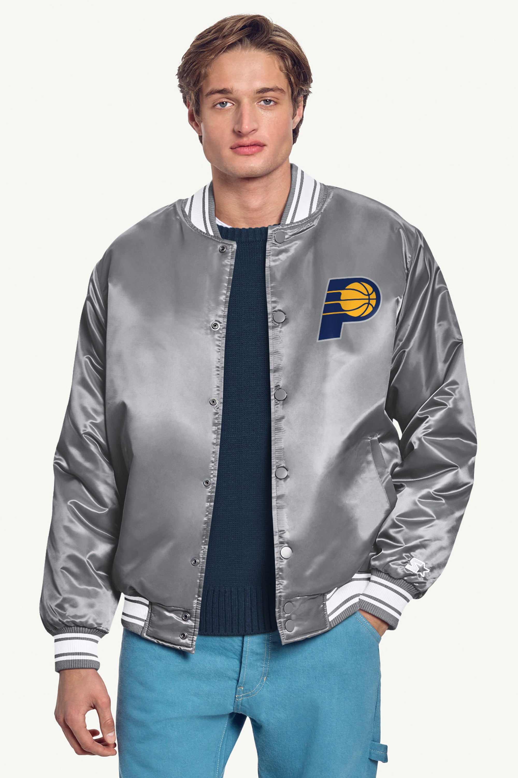 MENS INDIANA PACERS MESH LOOK SATIN VARSITY JACKET View 3 MENS INDIANA PACERS MESH LOOK SATIN VARSITY JACKET View 3