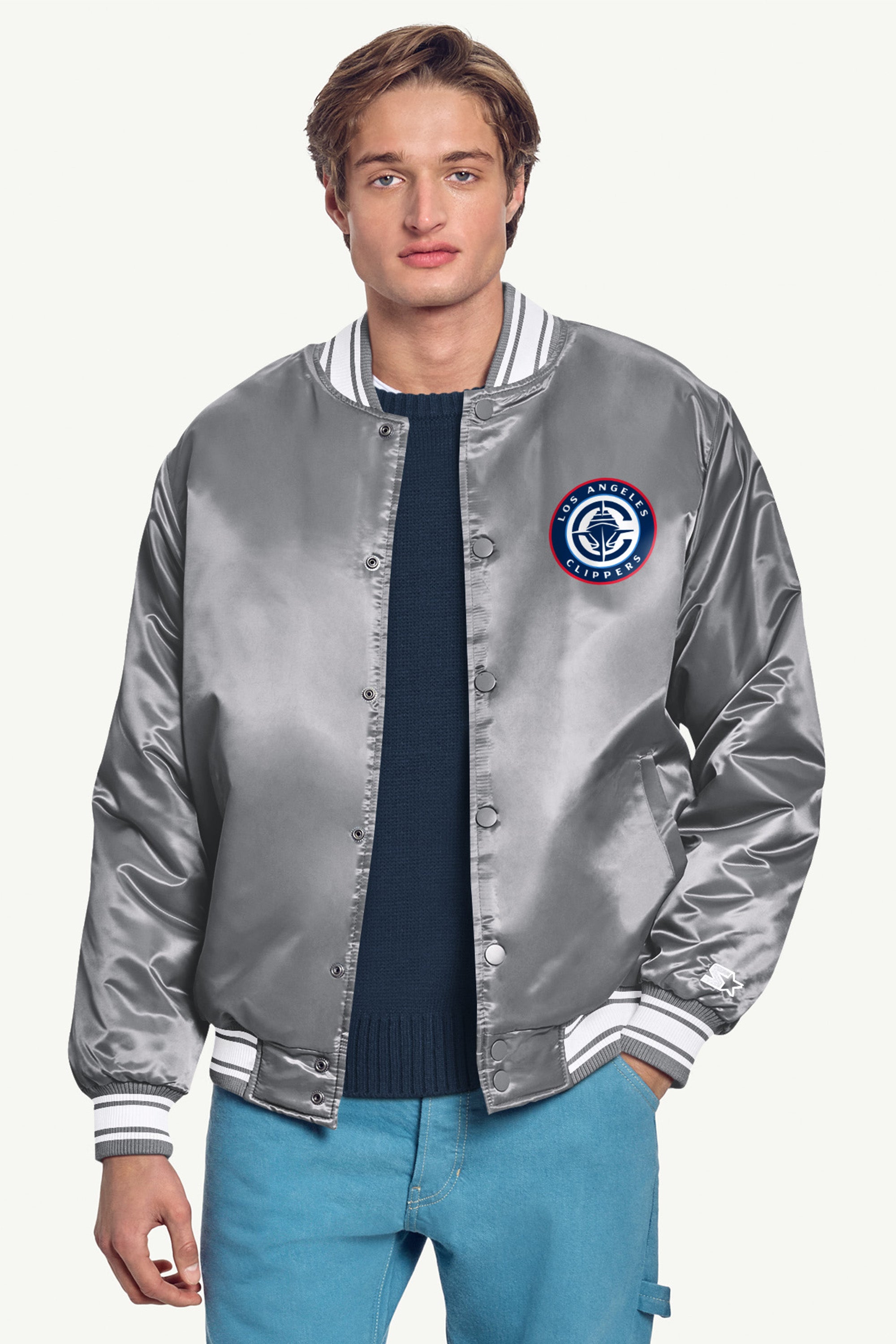 MENS LOS ANGELES CLIPPERS MESH LOOK SATIN VARSITY JACKET View 3 MENS LOS ANGELES CLIPPERS MESH LOOK SATIN VARSITY JACKET View 3