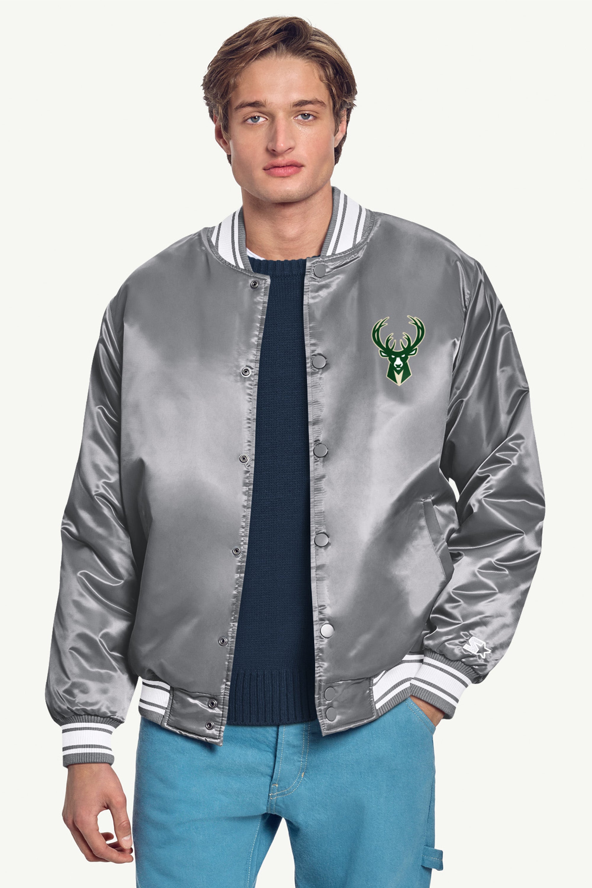 MENS MILWAUKEE BUCKS MESH LOOK SATIN VARSITY JACKET View 3 MENS MILWAUKEE BUCKS MESH LOOK SATIN VARSITY JACKET View 3