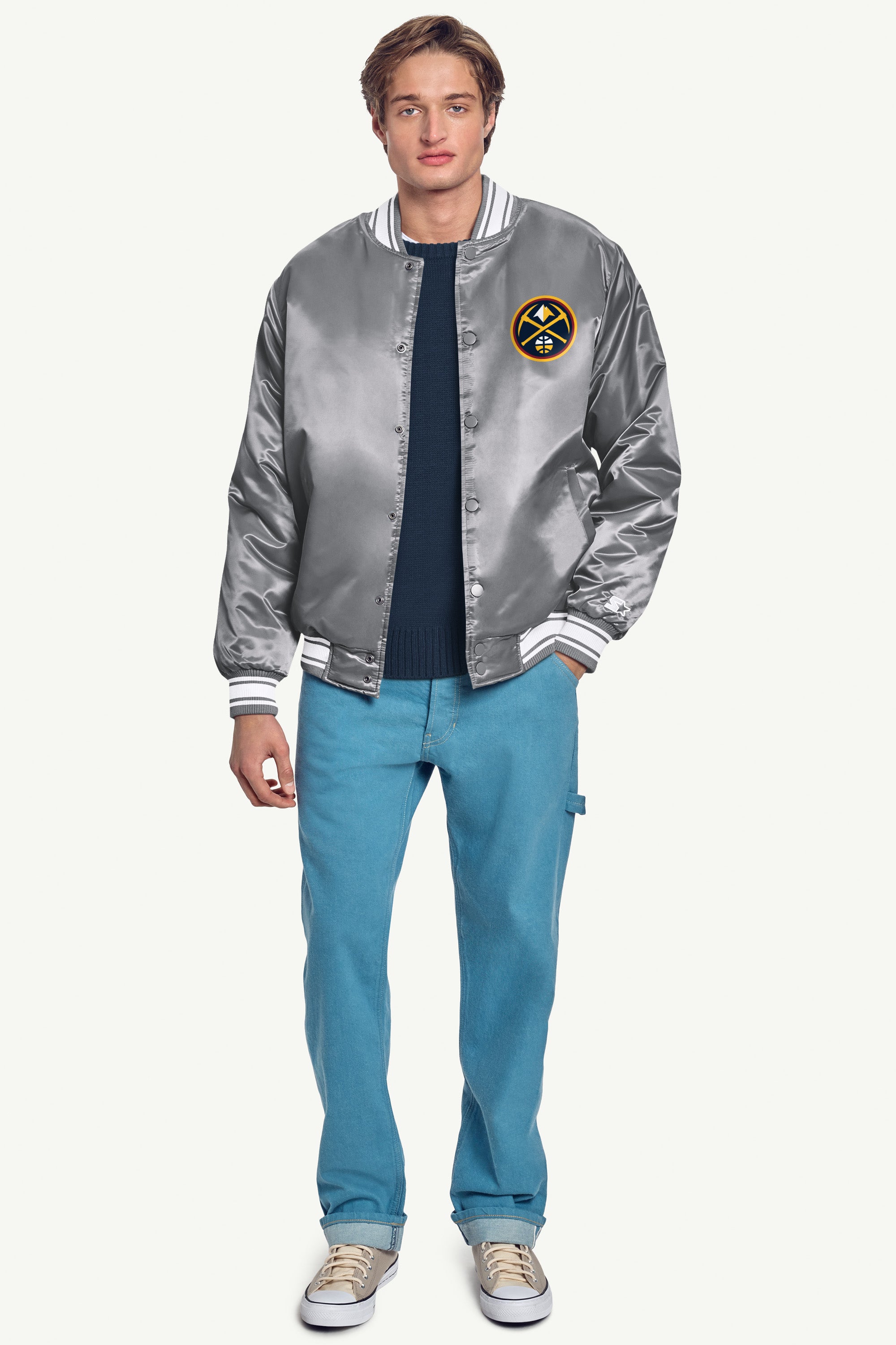 MENS DENVER NUGGETS MESH LOOK SATIN VARSITY JACKET View 4 MENS DENVER NUGGETS MESH LOOK SATIN VARSITY JACKET View 4