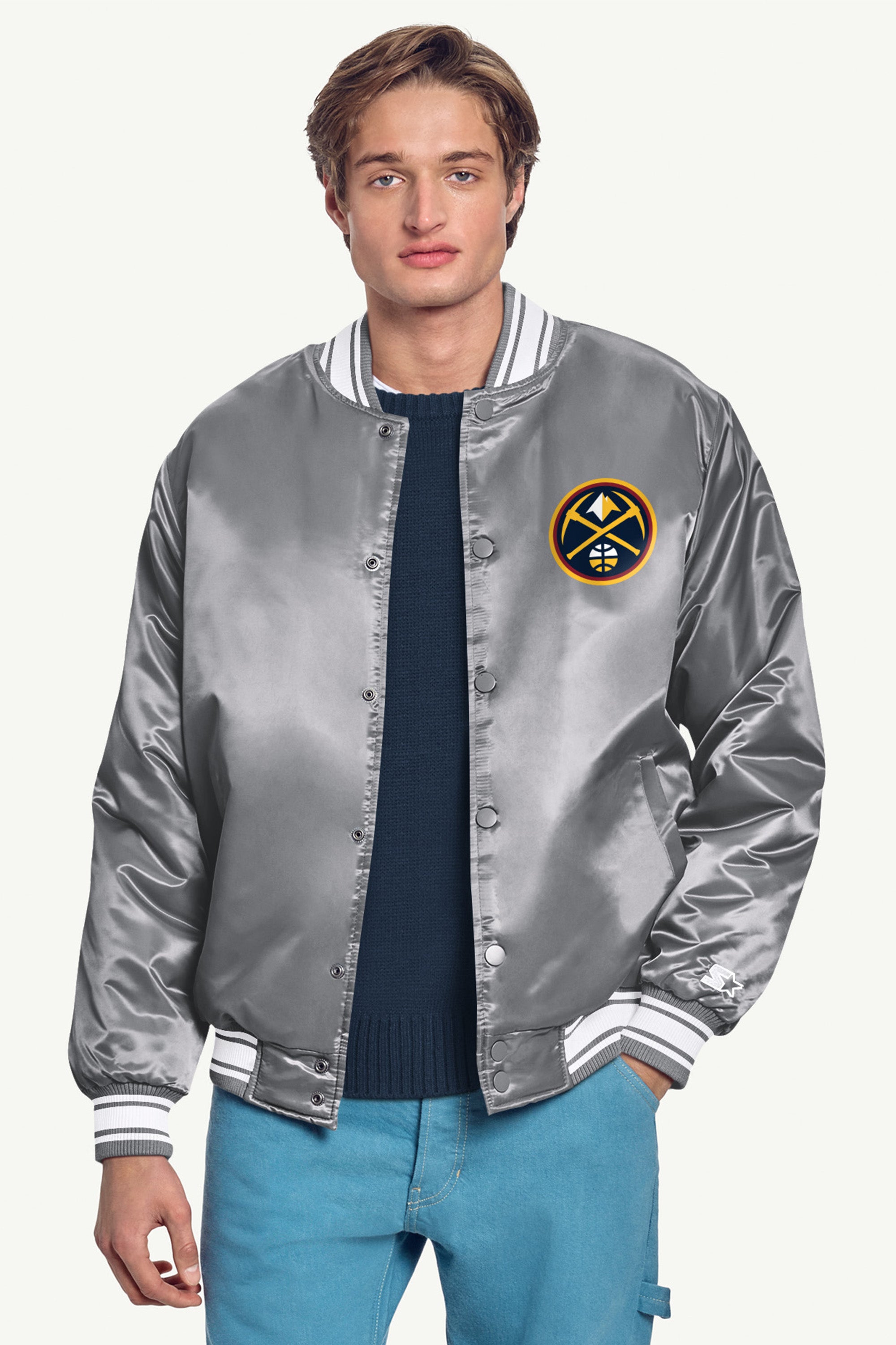 MENS DENVER NUGGETS MESH LOOK SATIN VARSITY JACKET View 3 MENS DENVER NUGGETS MESH LOOK SATIN VARSITY JACKET View 3