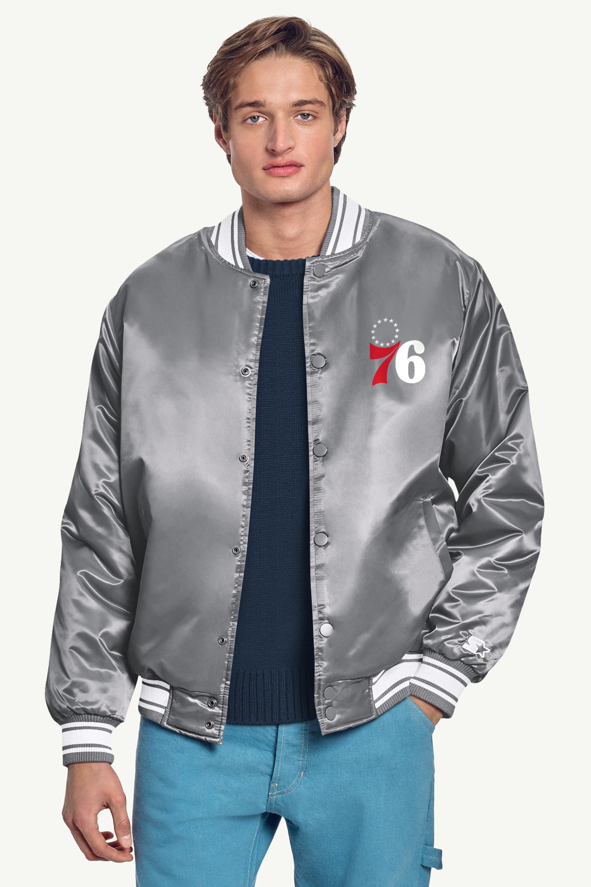 MENS PHILADEPHIA 76ERS MESH LOOK SATIN VARSITY JACKET View 3 | NBA MENS PHILADEPHIA 76ERS MESH LOOK SATIN VARSITY JACKET View 3 | NBA