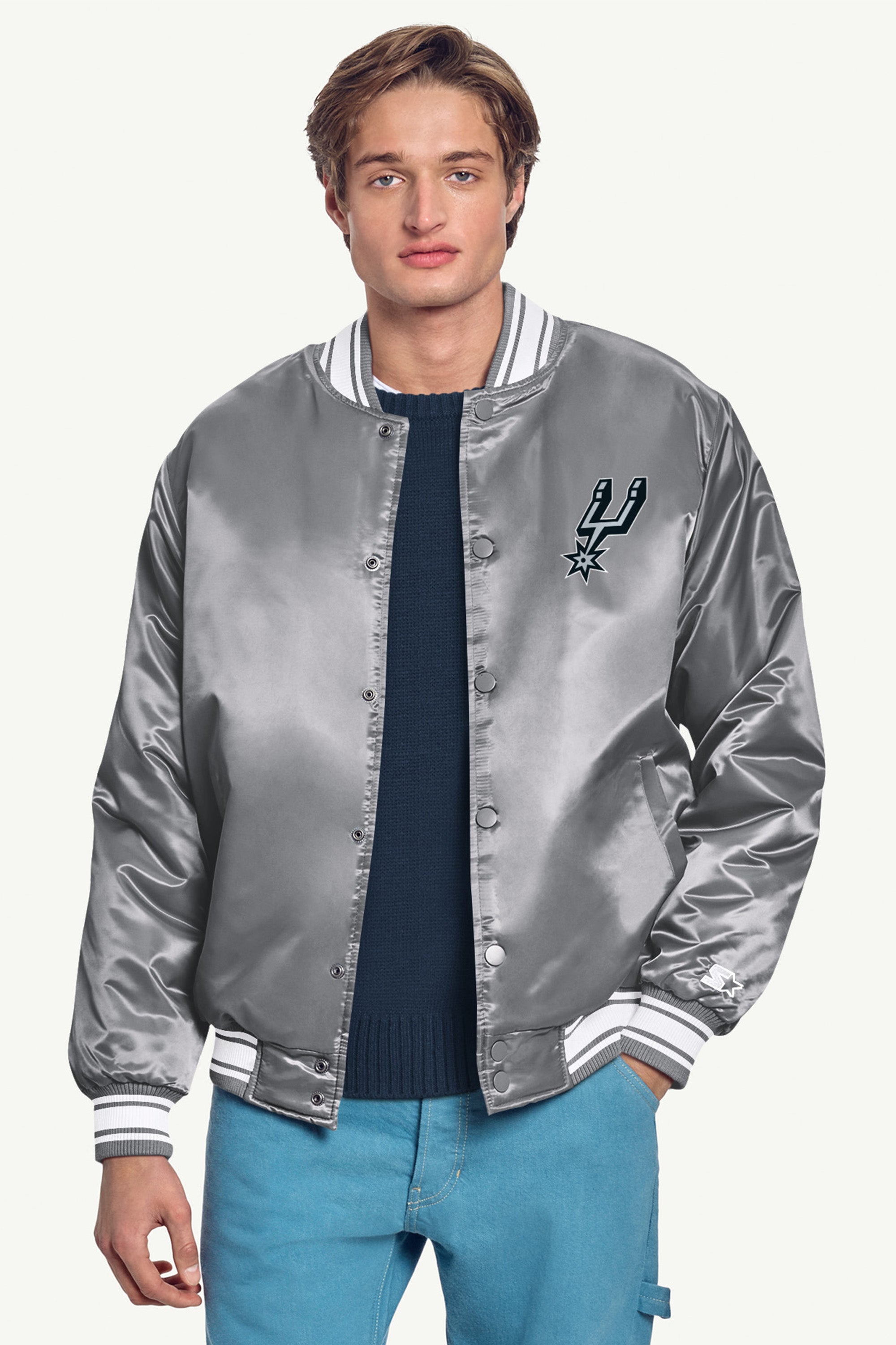 MENS SAN ANTONIO SPURS MESH LOOK SATIN VARSITY JACKET View 3 MENS SAN ANTONIO SPURS MESH LOOK SATIN VARSITY JACKET View 3