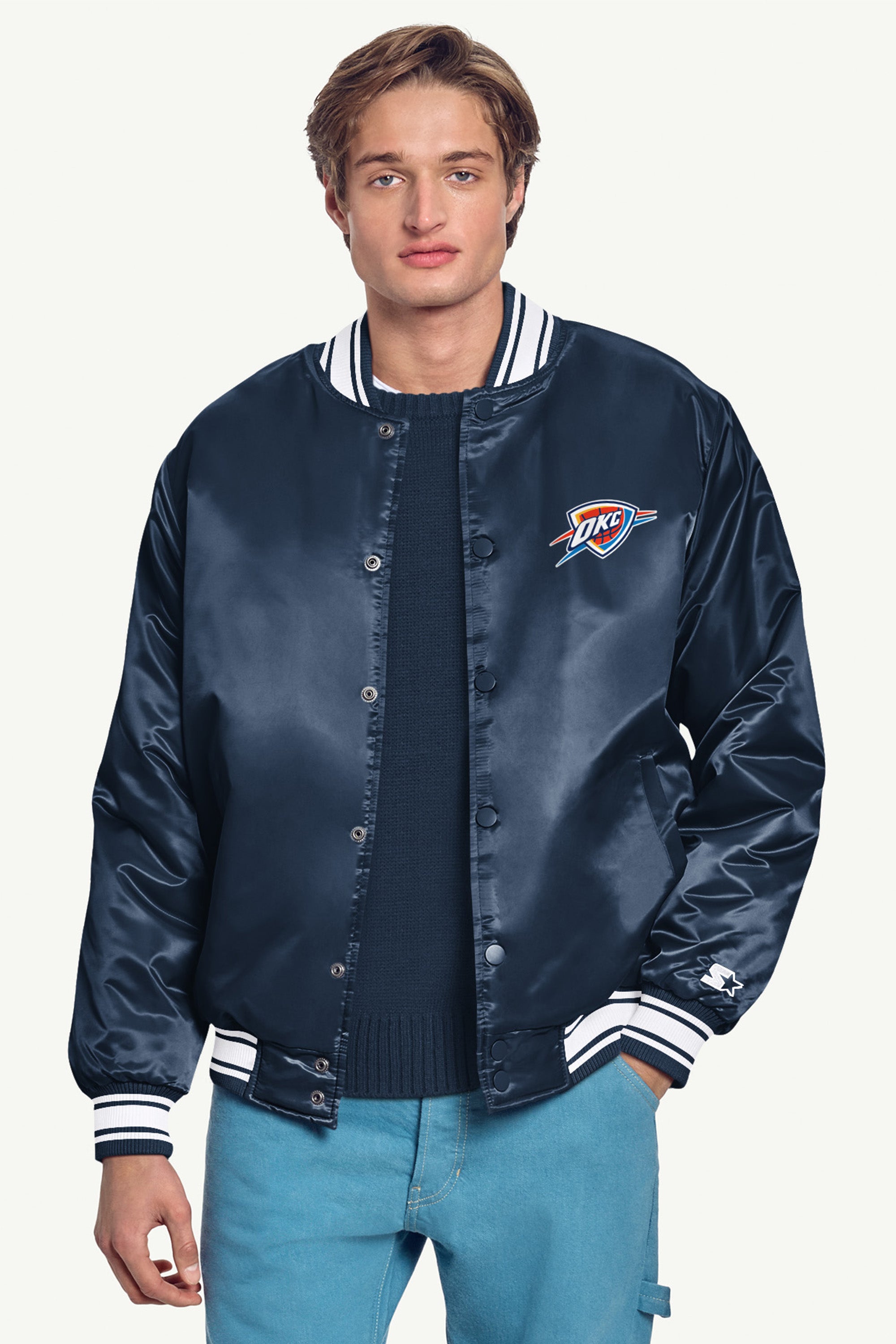 MENS OKLAHOMA CITY THUNDER MESH LOOK SATIN VARSITY JACKET View 3 MENS OKLAHOMA CITY THUNDER MESH LOOK SATIN VARSITY JACKET View 3