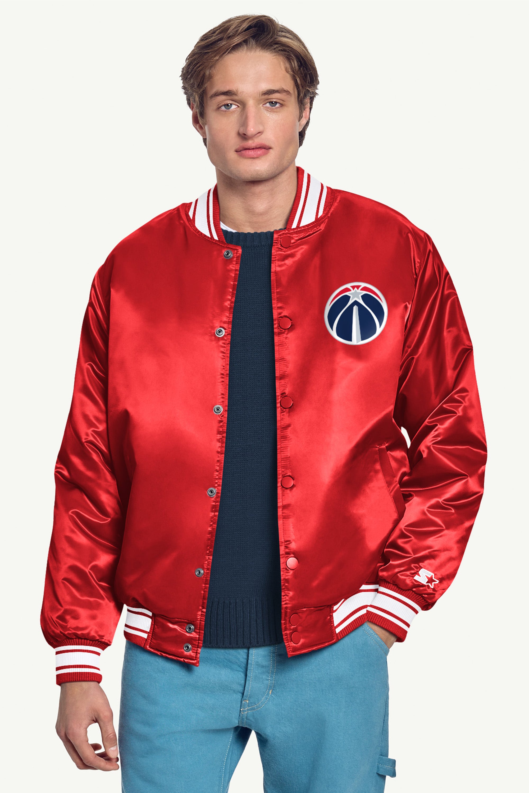 MENS WASHINGTON WIZARDS MESH LOOK SATIN VARSITY JACKET View 3 | NBA MENS WASHINGTON WIZARDS MESH LOOK SATIN VARSITY JACKET View 3 | NBA