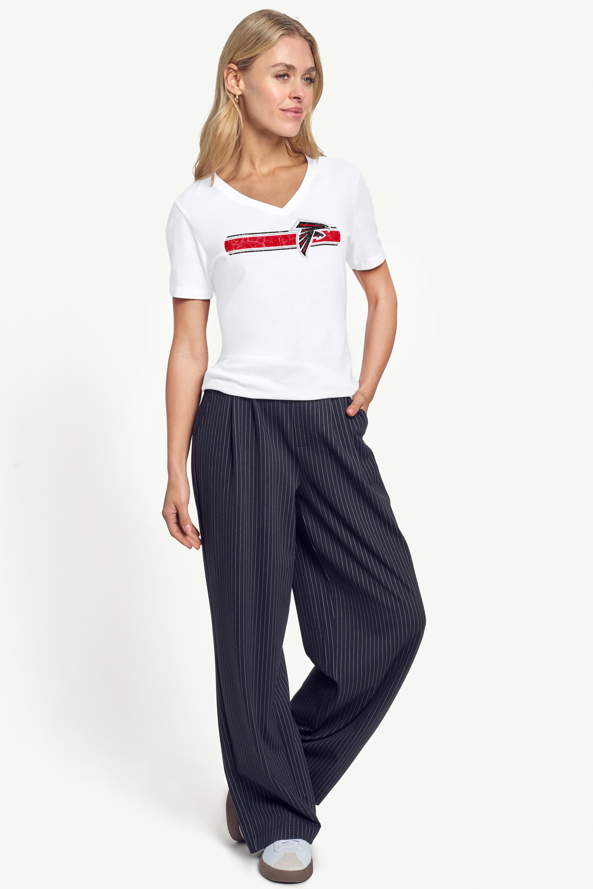 WOMENS ATLANTA FALCONS STRIPE V-NECK T SHIRT View 3 | Atlanta Falcons WOMENS ATLANTA FALCONS STRIPE V-NECK T SHIRT View 3 | Atlanta Falcons