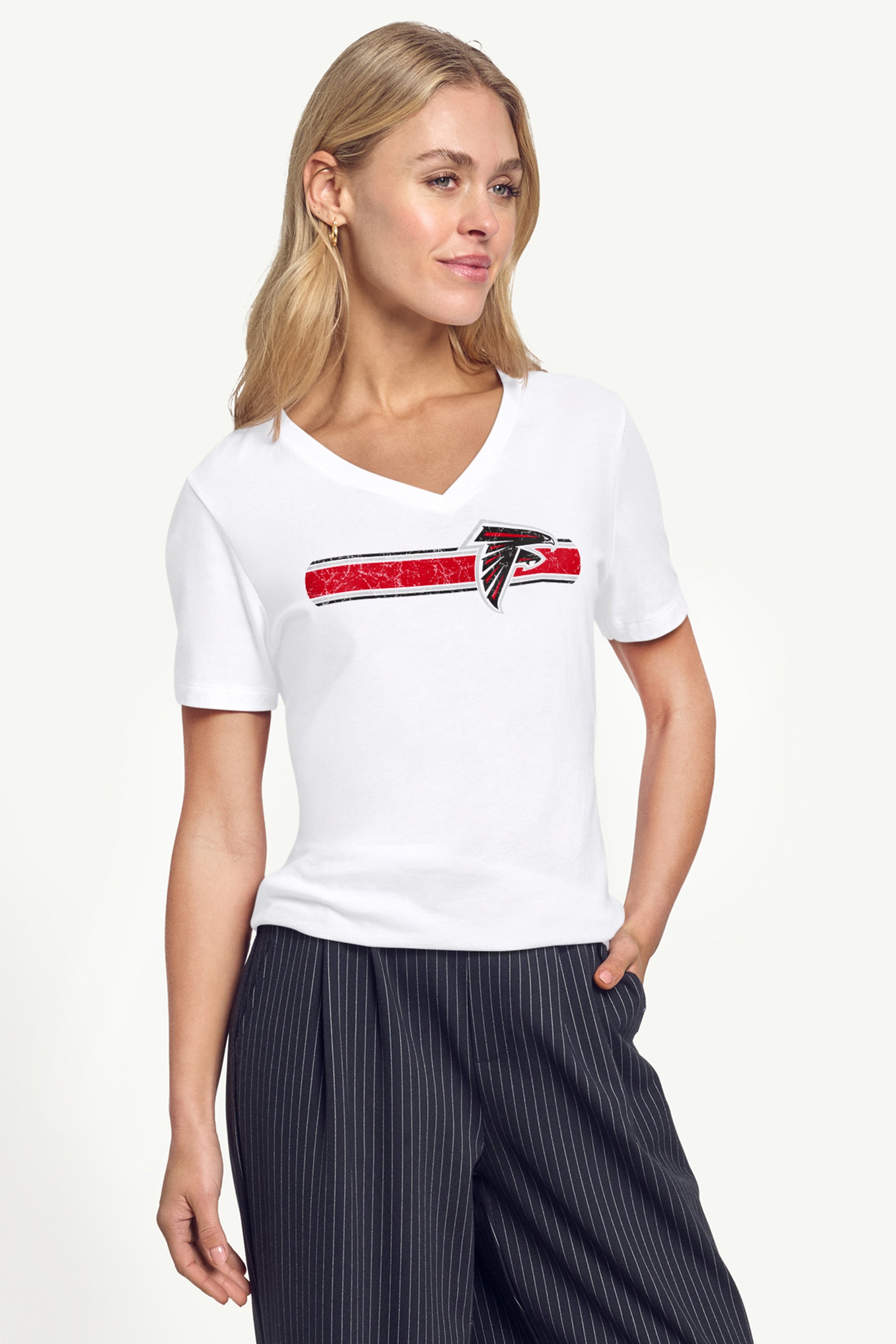 WOMENS ATLANTA FALCONS STRIPE V-NECK T SHIRT View 2 | Atlanta Falcons WOMENS ATLANTA FALCONS STRIPE V-NECK T SHIRT View 2 | Atlanta Falcons