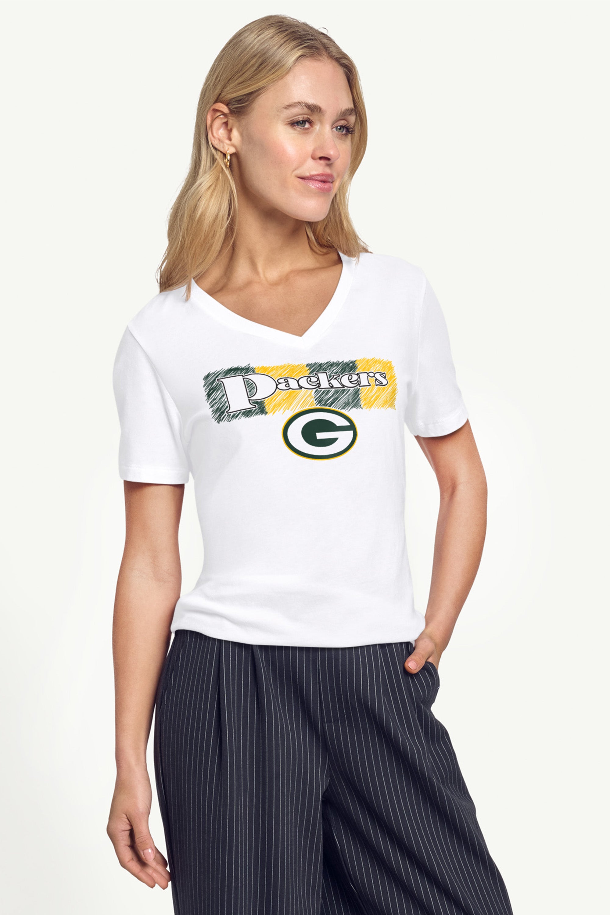WOMENS GREEN BAY PACKERS COLOR SHADDING V-NECK T SHIRT View 2 | Green Bay Packers WOMENS GREEN BAY PACKERS COLOR SHADDING V-NECK T SHIRT View 2 | Green Bay Packers