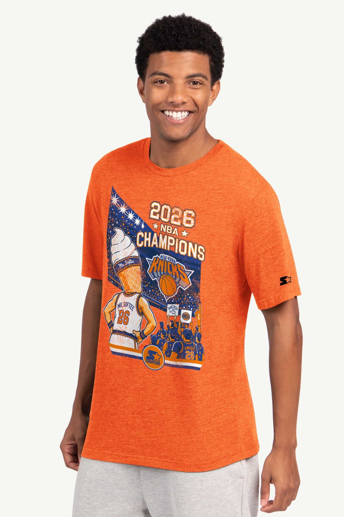 MENS NEW YORK KNICKS MISTER SOFTEE 2026 NBA CHAMPIONS T SHIRT View 1 MENS NEW YORK KNICKS MISTER SOFTEE 2026 NBA CHAMPIONS T SHIRT View 1