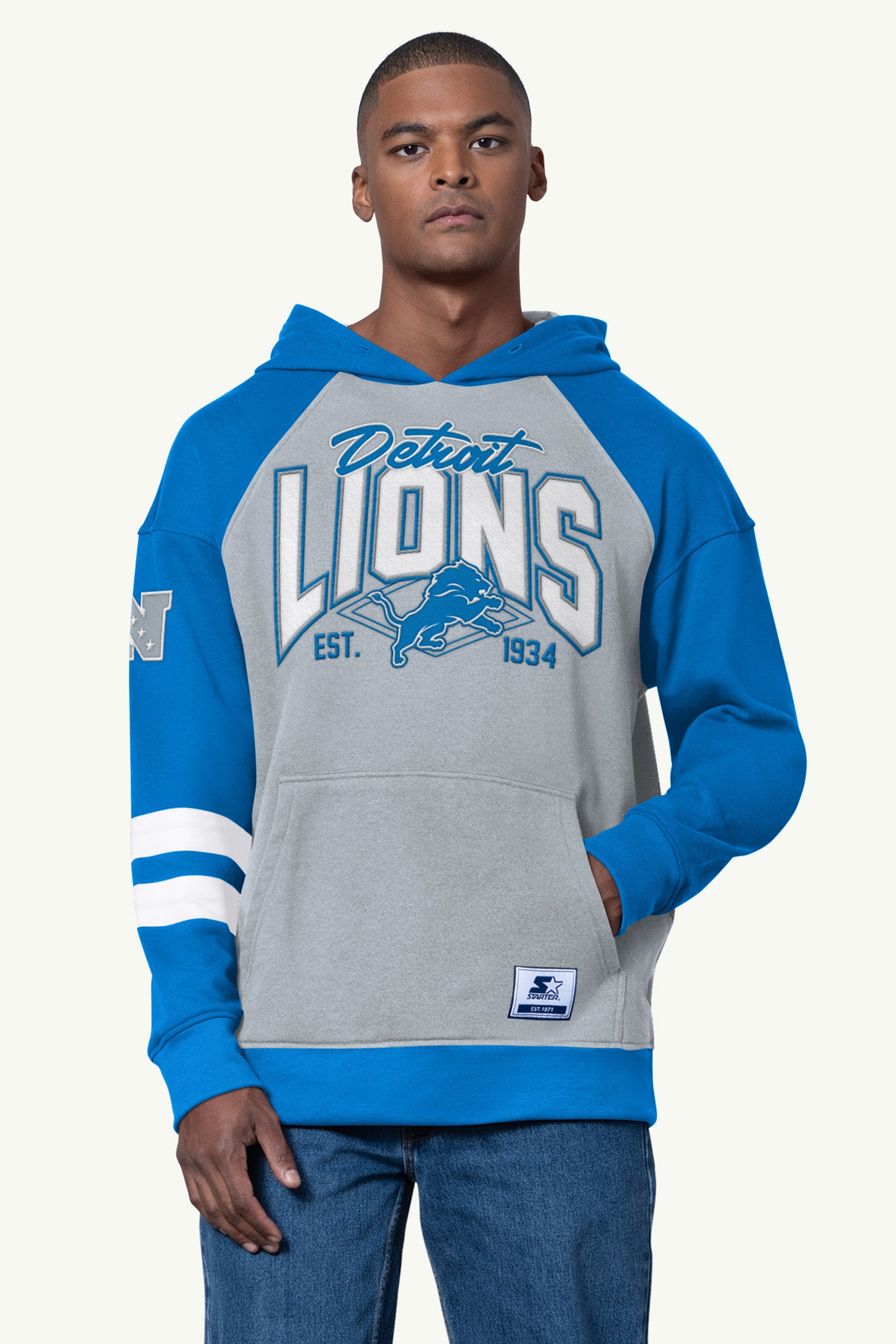 MENS DETROIT LIONS INTERCEPTION COLORBLOCK HOODIE View 1 | STARTER CLASSICS MENS DETROIT LIONS INTERCEPTION COLORBLOCK HOODIE View 1 | STARTER CLASSICS