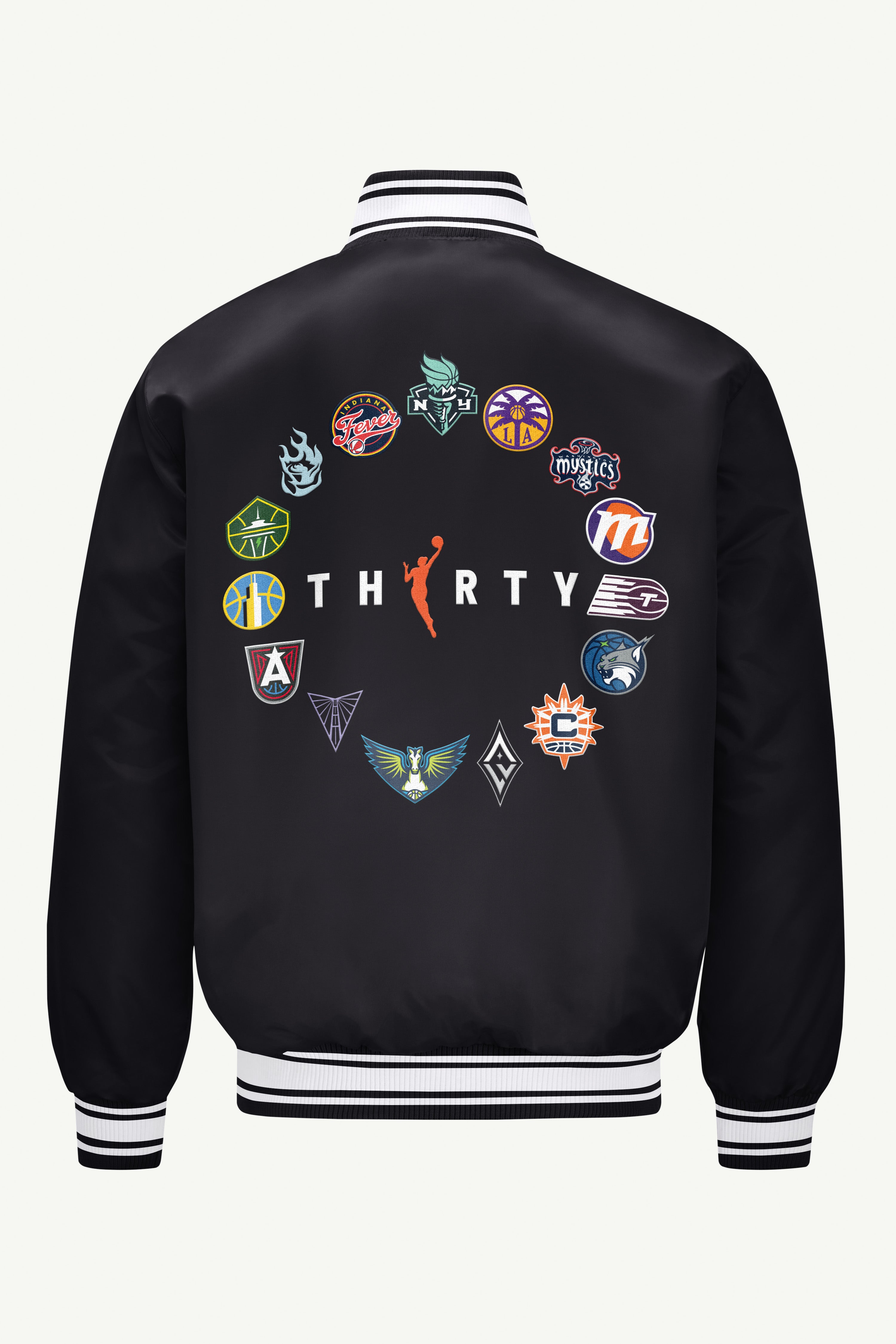 WNBA 30TH ANNIVERSARY SATIN VARSITY JACKET View 1 WNBA 30TH ANNIVERSARY SATIN VARSITY JACKET View 1