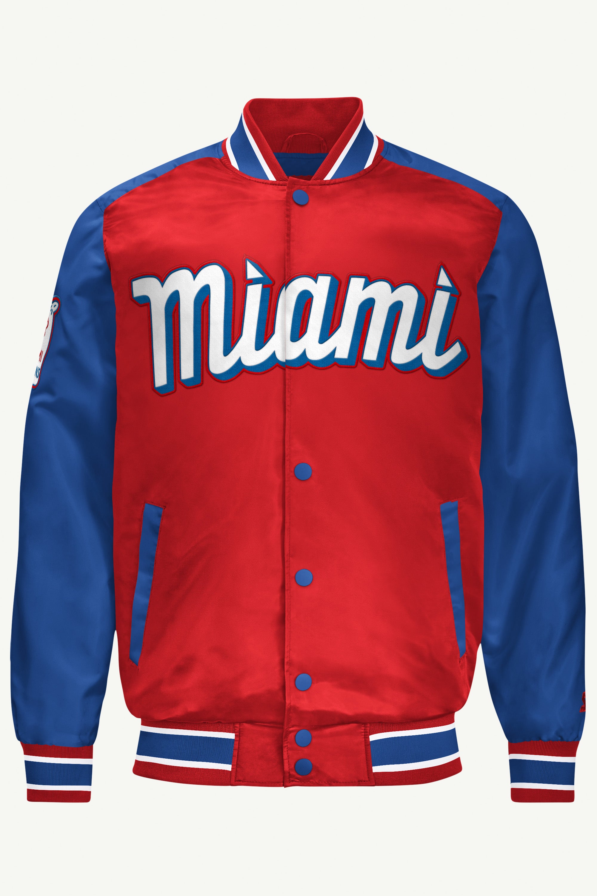 MENS MIAMI MARLINS SATIN VARSITY JACKET View 1 MENS MIAMI MARLINS SATIN VARSITY JACKET View 1