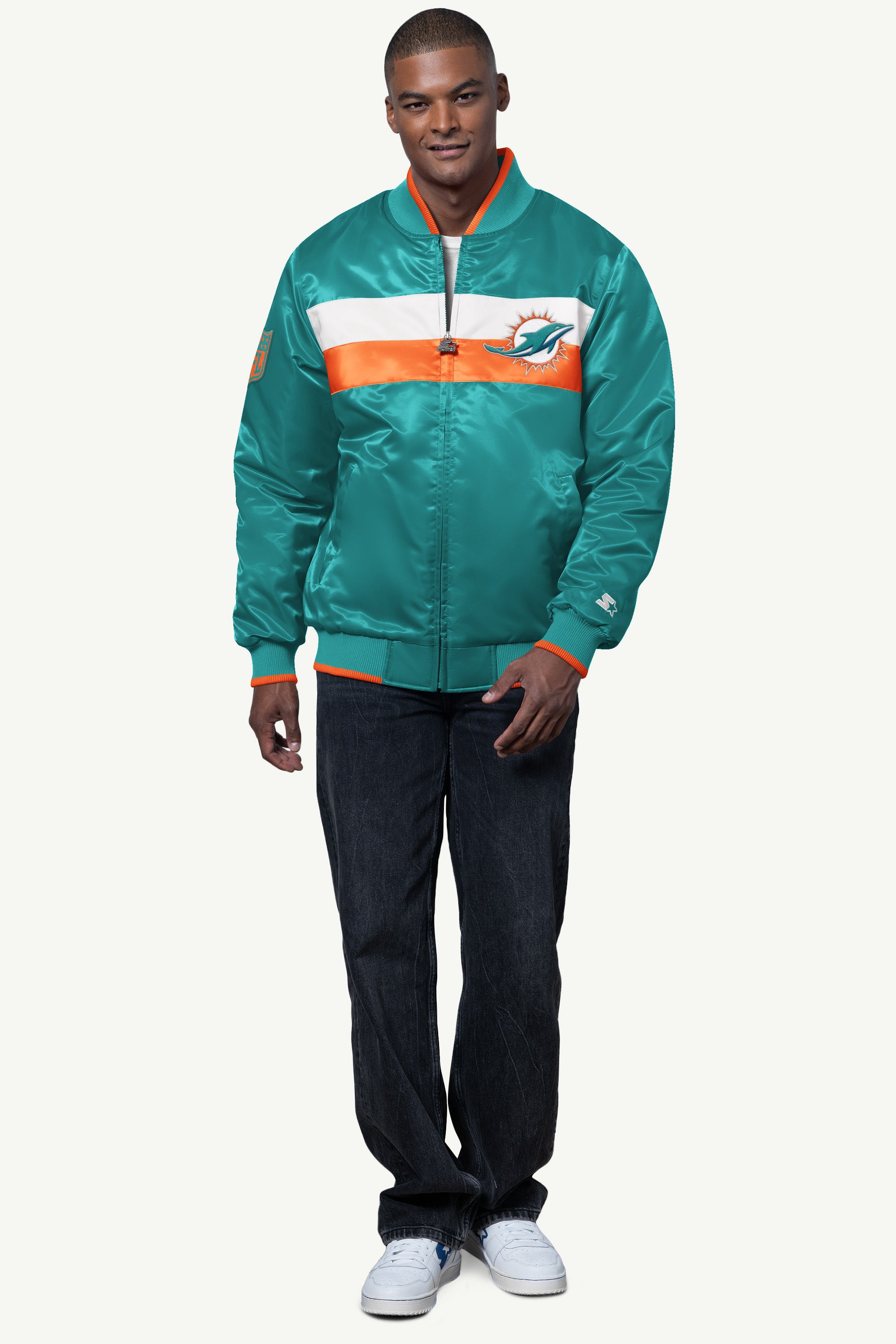 MENS MIAMI DOLPHINS AMBASSADOR SATIN VARSITY JACKET View 3 | Starter Jackets MENS MIAMI DOLPHINS AMBASSADOR SATIN VARSITY JACKET View 3 | Starter Jackets