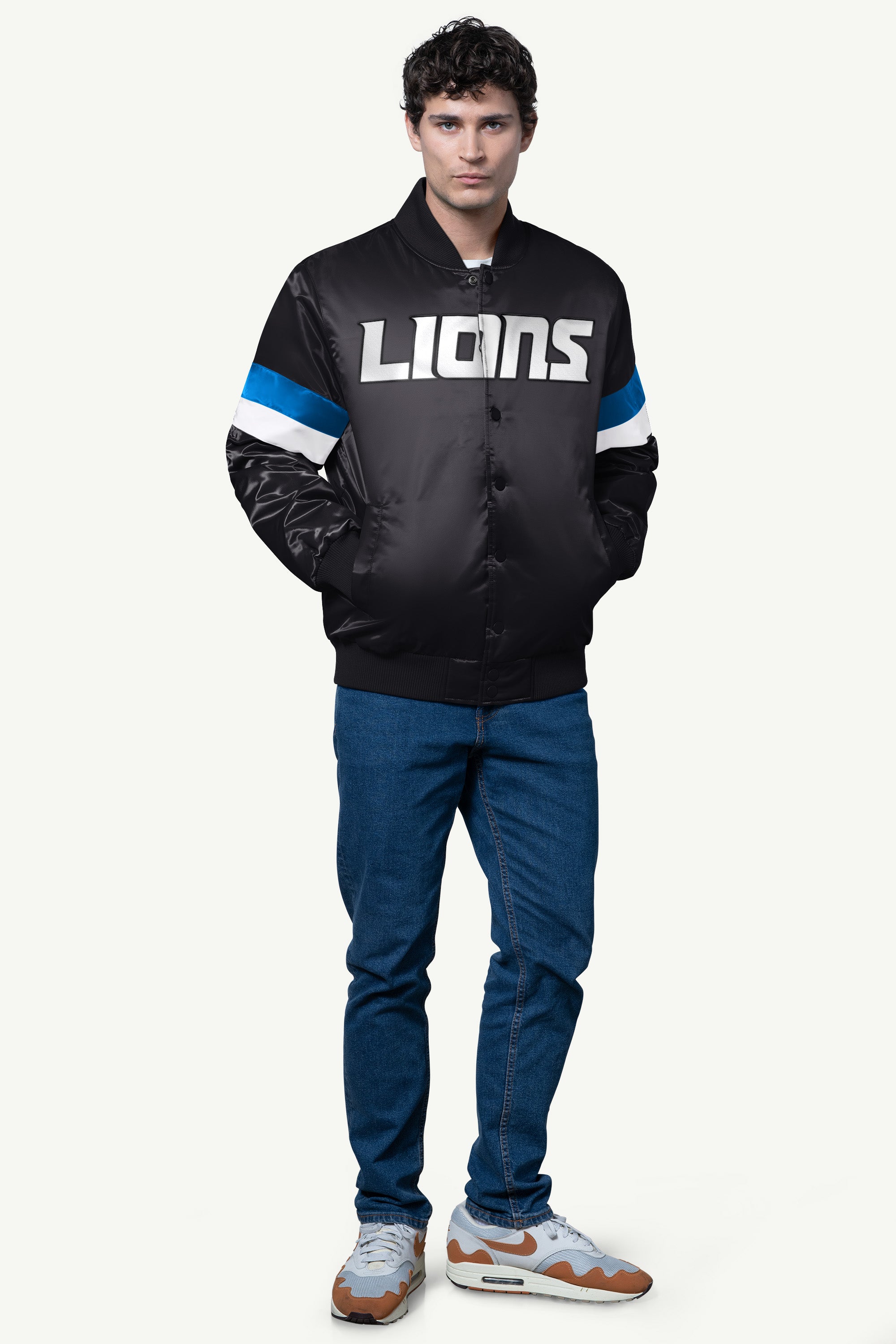 MENS DETROIT LIONS SATIN VARSITY JACKET View 3 MENS DETROIT LIONS SATIN VARSITY JACKET View 3