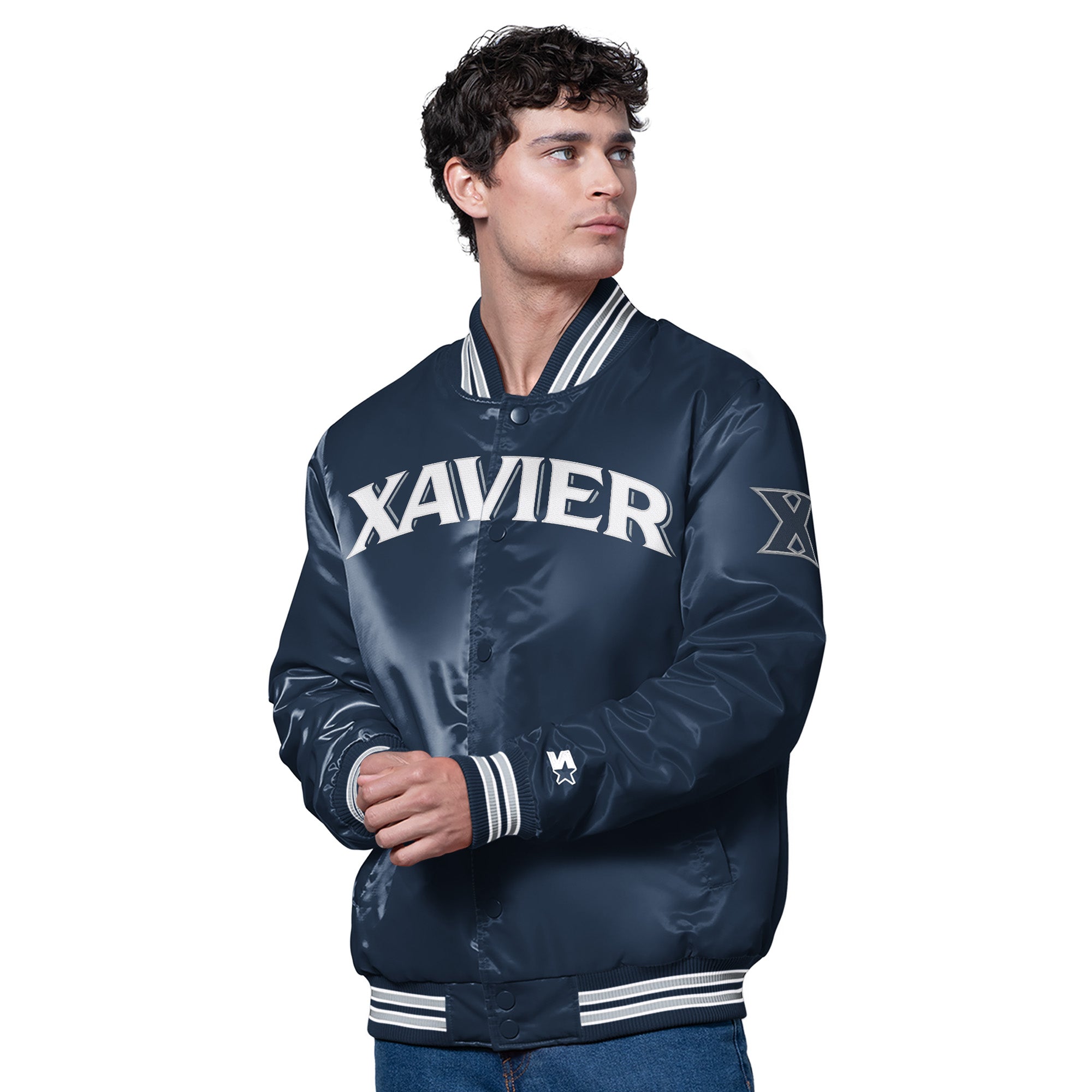 MENS XAVIER MUSKETEERS SATIN VARSITY JACKET View 1 MENS XAVIER MUSKETEERS SATIN VARSITY JACKET View 1