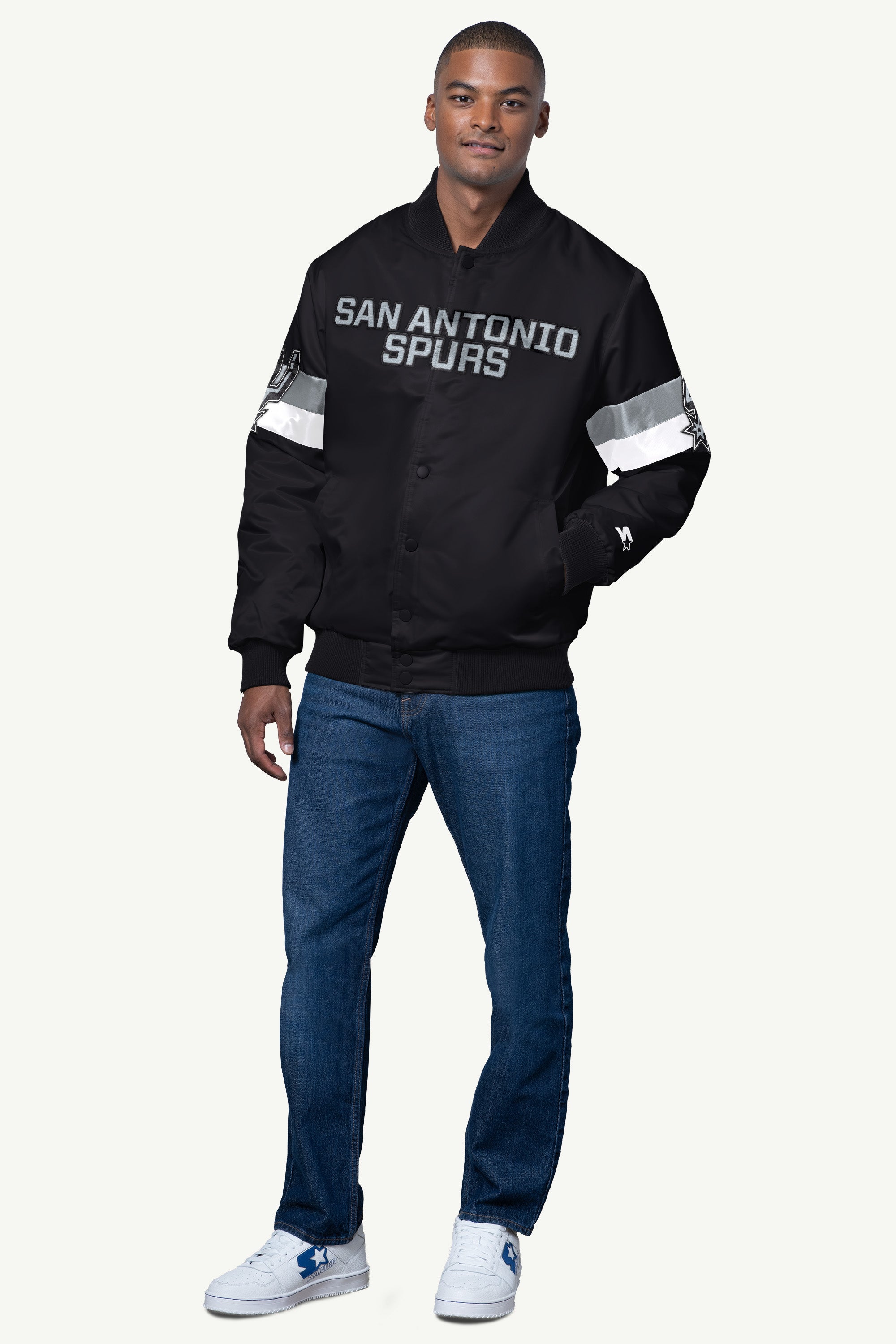 MENS SAN ANTONIO SPURS TRIPLE OPTION SATIN VARSITY JACKET View 3 MENS SAN ANTONIO SPURS TRIPLE OPTION SATIN VARSITY JACKET View 3