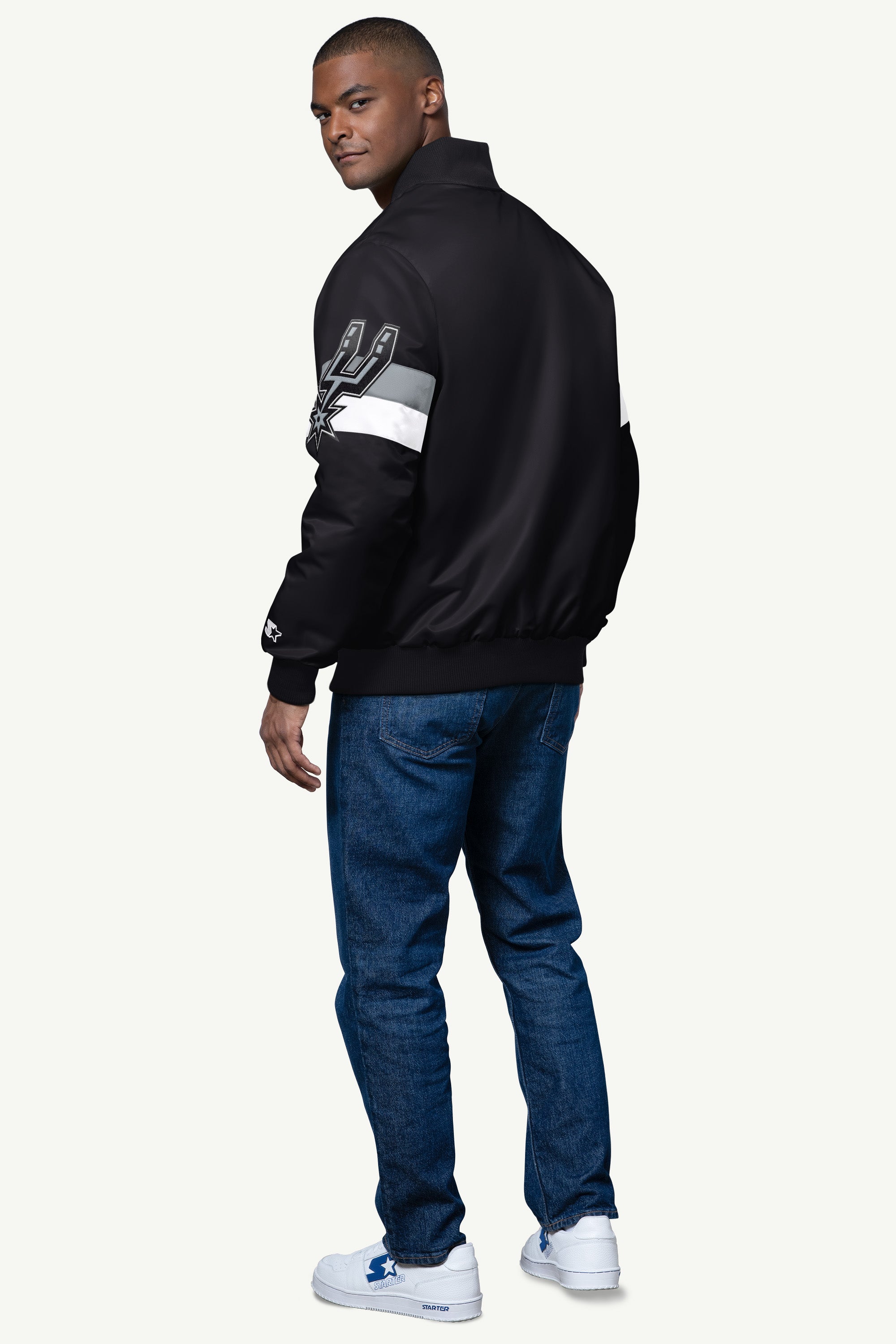 MENS SAN ANTONIO SPURS TRIPLE OPTION SATIN VARSITY JACKET View 2 MENS SAN ANTONIO SPURS TRIPLE OPTION SATIN VARSITY JACKET View 2