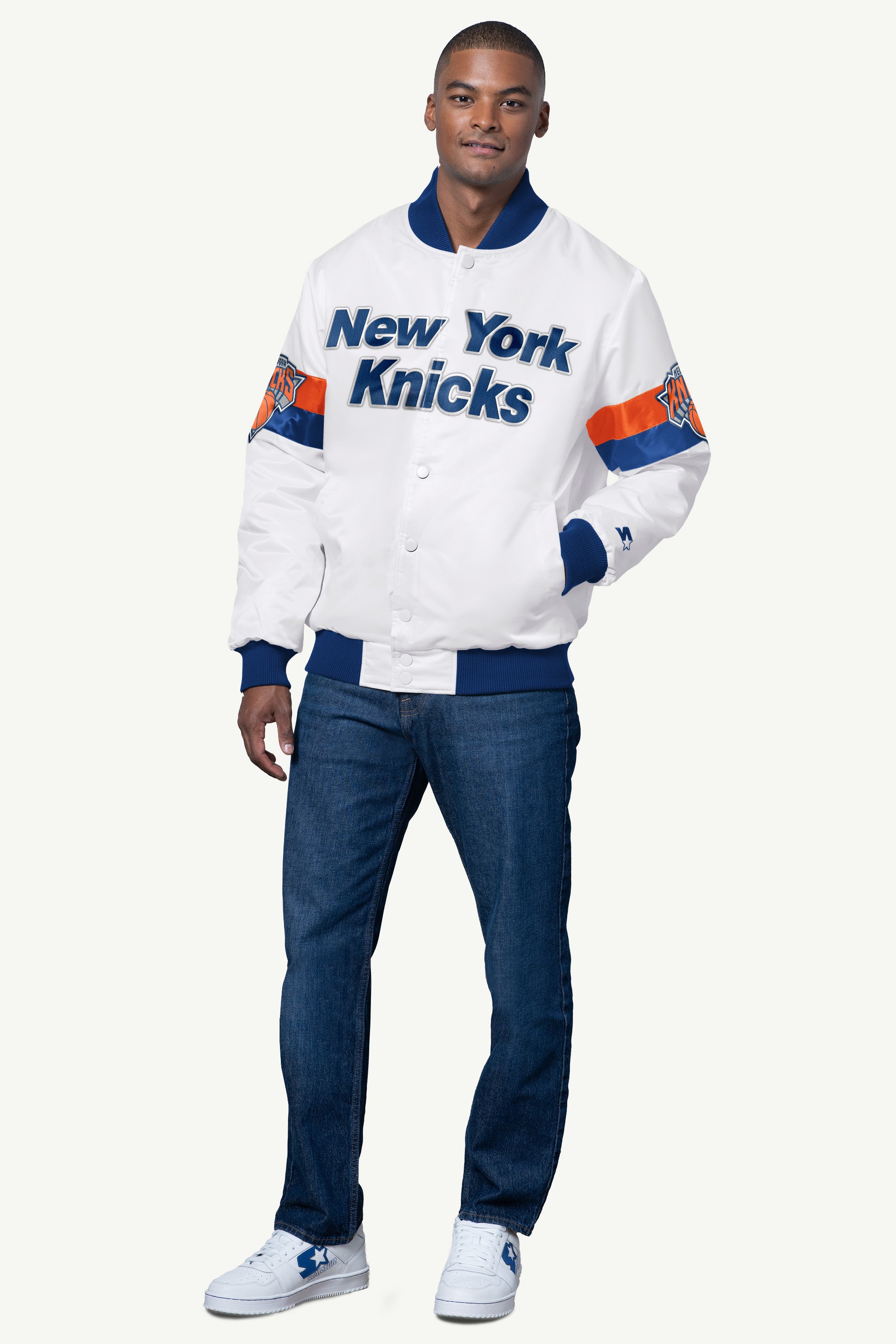 MENS NEW YORK KNICKS TRIPLE OPTION SATIN VARSITY JACKET View 3 MENS NEW YORK KNICKS TRIPLE OPTION SATIN VARSITY JACKET View 3