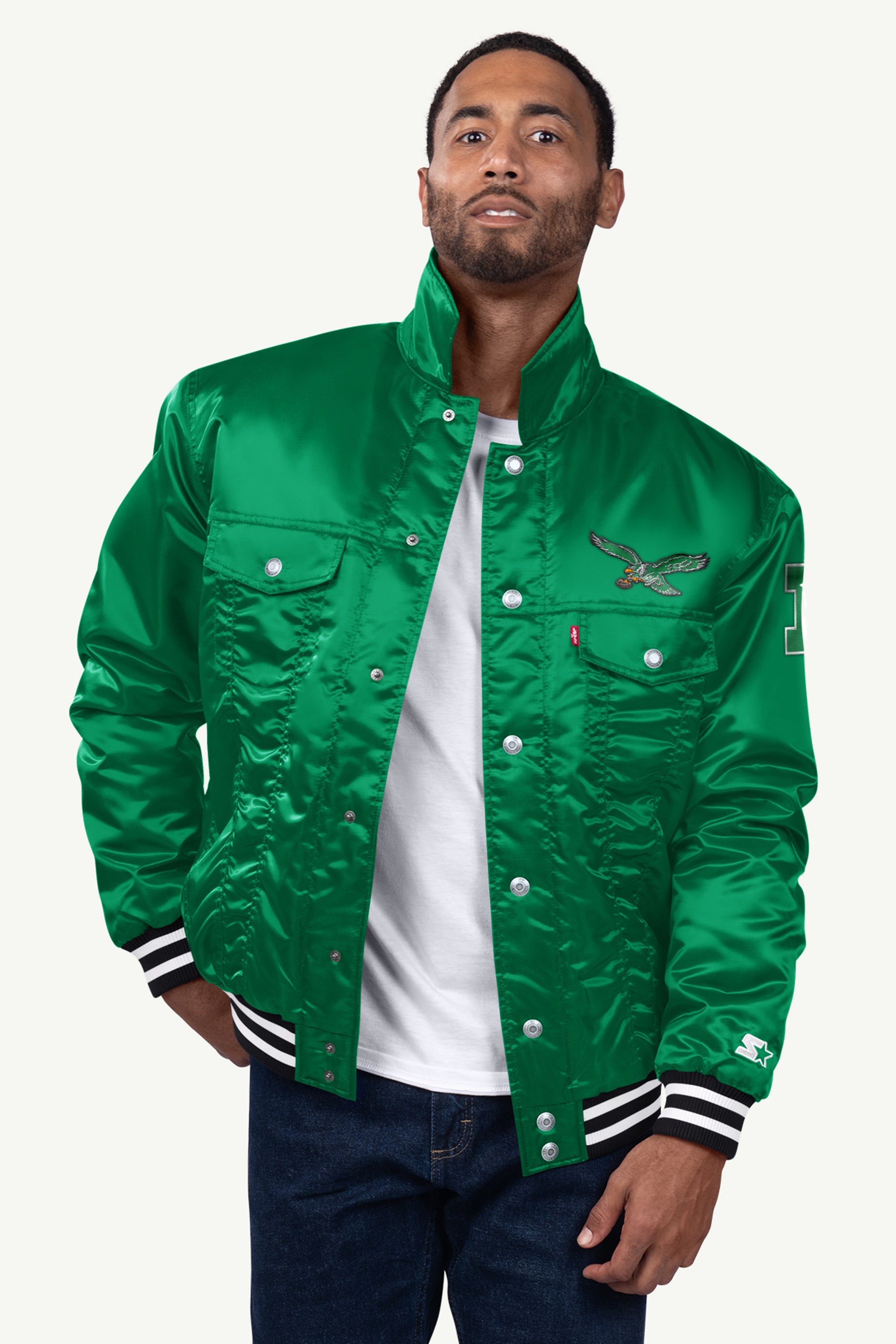 STARTER X LEVI'S PHILADELPHIA EAGLES SATIN FULL-SNAP JACKET View 1 STARTER X LEVI'S PHILADELPHIA EAGLES SATIN FULL-SNAP JACKET View 1