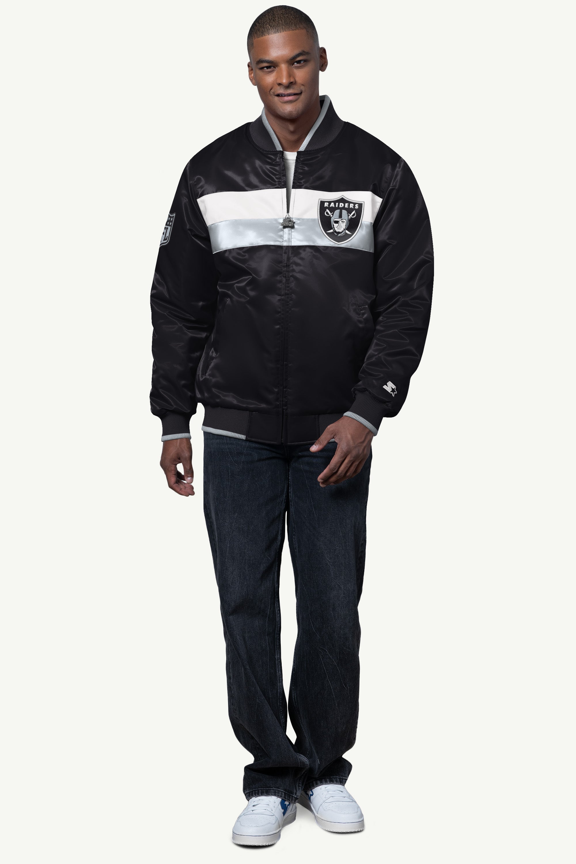 Mens Las Vegas Raiders Ambassador Satin Varsity Jacket | NFL | Starter