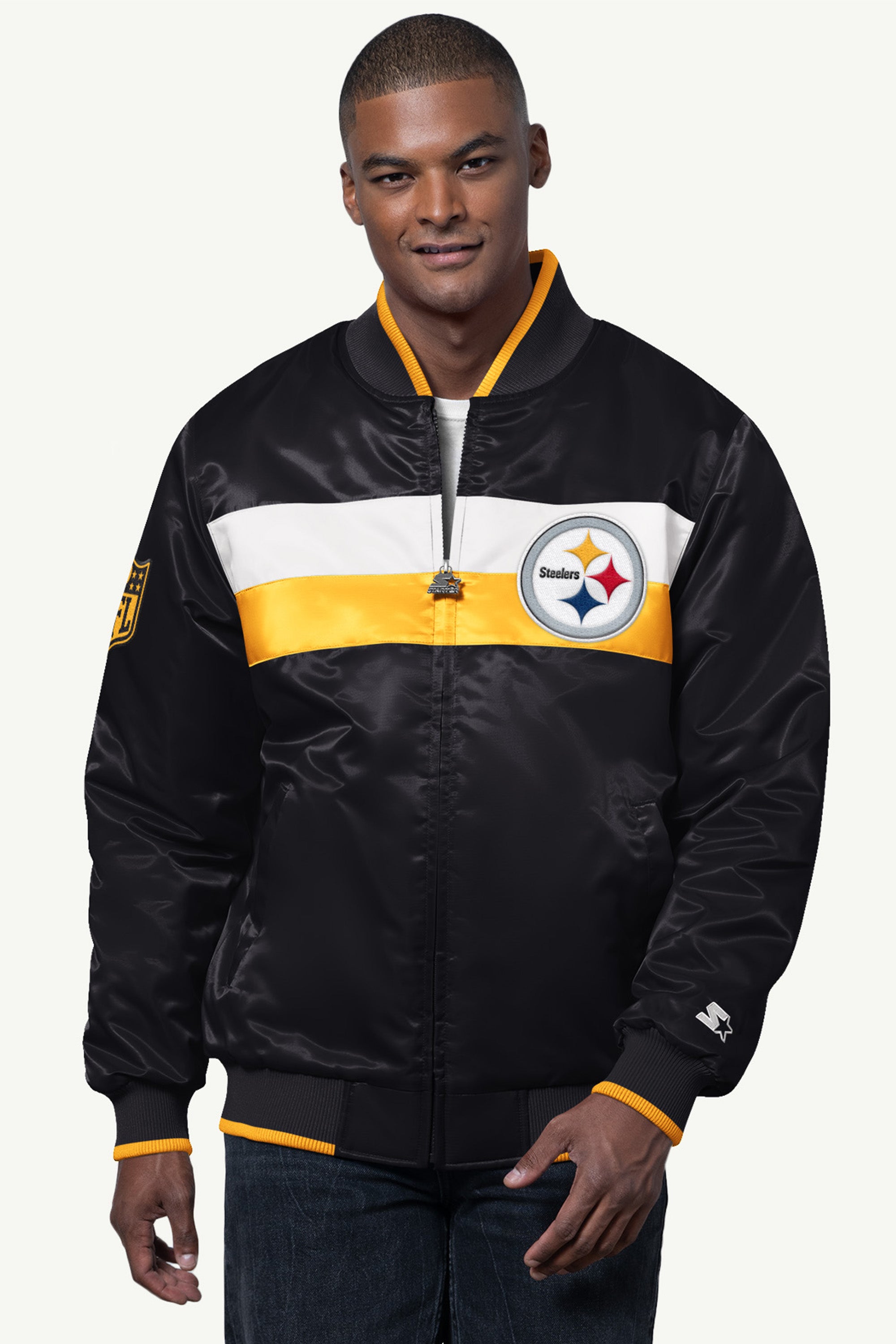 MENS PITTSBURGH STEELERS AMBASSADOR SATIN VARSITY JACKET View 1 | Pittsburgh Steelers MENS PITTSBURGH STEELERS AMBASSADOR SATIN VARSITY JACKET View 1 | Pittsburgh Steelers