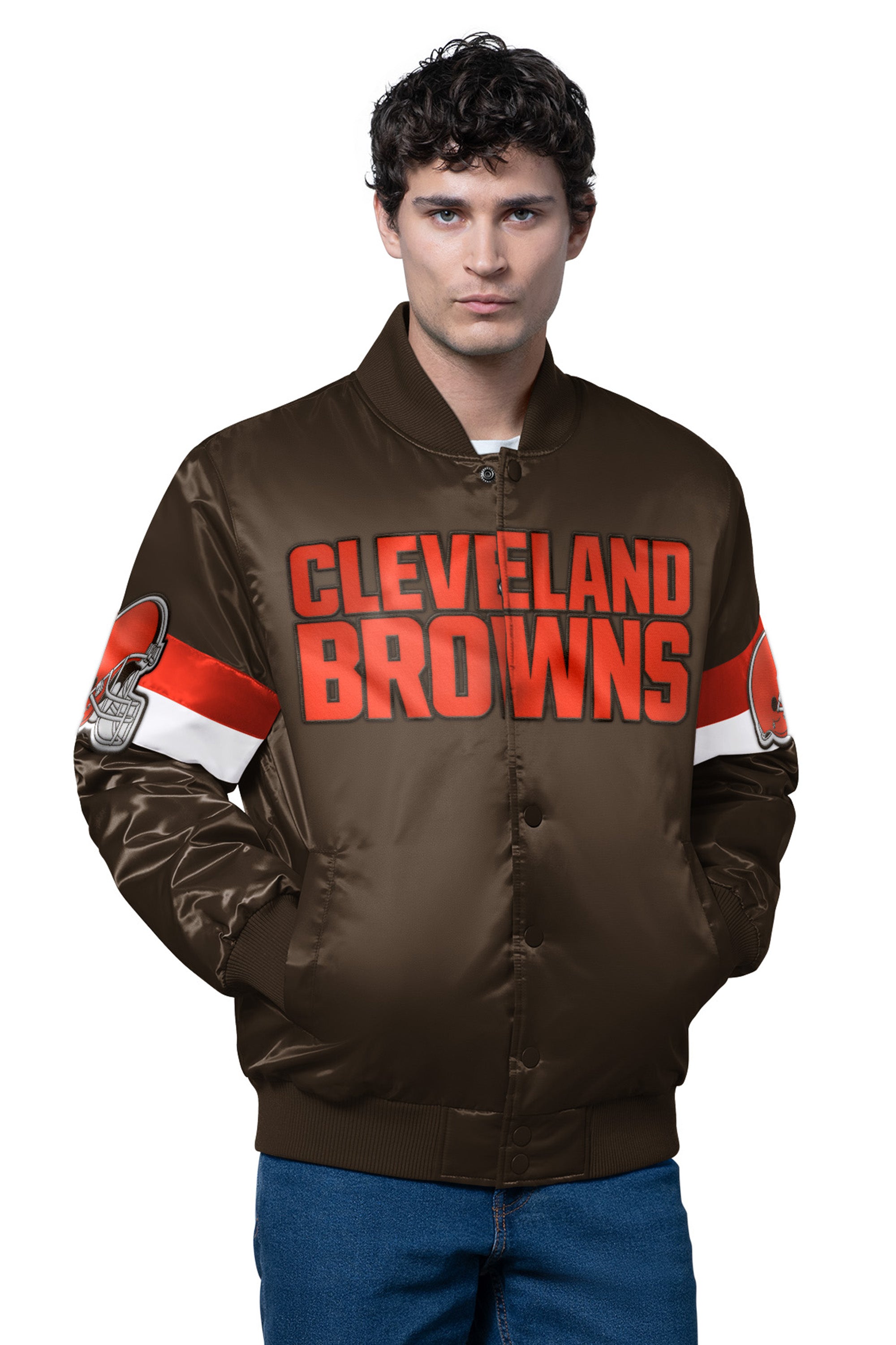MENS CLEVELAND BROWNS TRIPLE OPTION SATIN VARSITY JACKET View 1 MENS CLEVELAND BROWNS TRIPLE OPTION SATIN VARSITY JACKET View 1