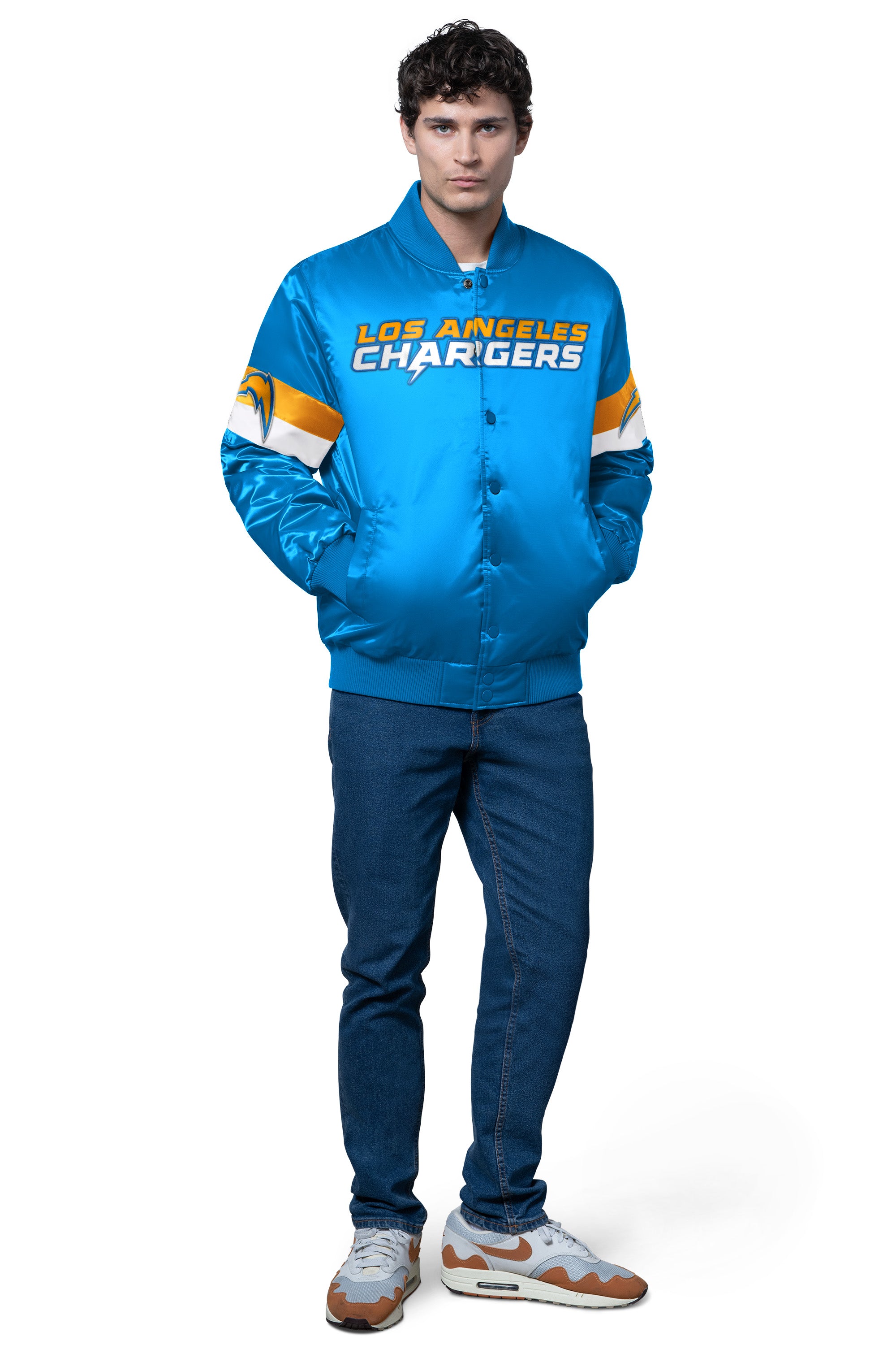 MENS LOS ANGELES CHARGERS TRIPLE OPTION SATIN VARSITY JACKET View 3 | NFL MENS LOS ANGELES CHARGERS TRIPLE OPTION SATIN VARSITY JACKET View 3 | NFL