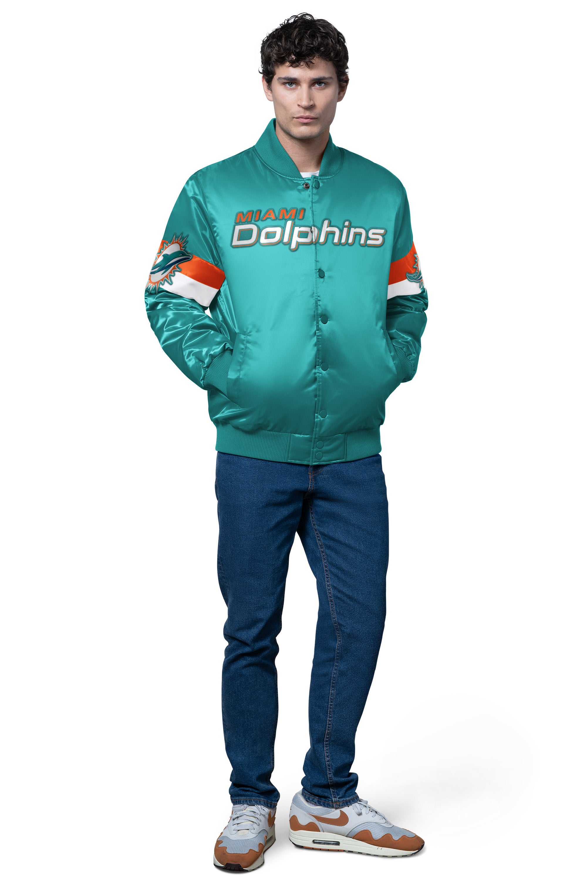 MENS MIAMI DOLPHINS TRIPLE OPTION SATIN VARSITY JACKET View 3 | NFL MENS MIAMI DOLPHINS TRIPLE OPTION SATIN VARSITY JACKET View 3 | NFL