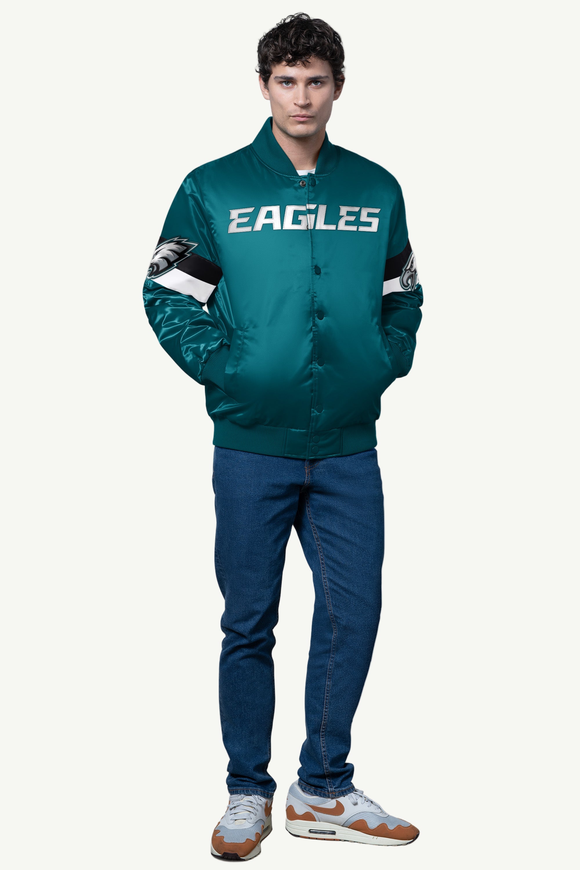 MENS PHILADELPHIA EAGLES TRIPLE OPTION SATIN VARSITY JACKET View 3 MENS PHILADELPHIA EAGLES TRIPLE OPTION SATIN VARSITY JACKET View 3