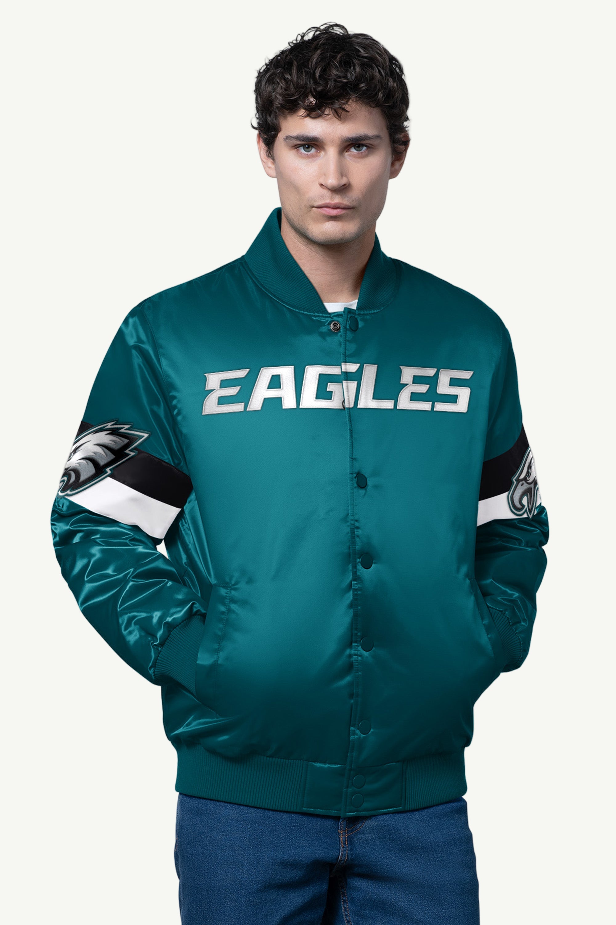 MENS PHILADELPHIA EAGLES TRIPLE OPTION SATIN VARSITY JACKET View 1 MENS PHILADELPHIA EAGLES TRIPLE OPTION SATIN VARSITY JACKET View 1