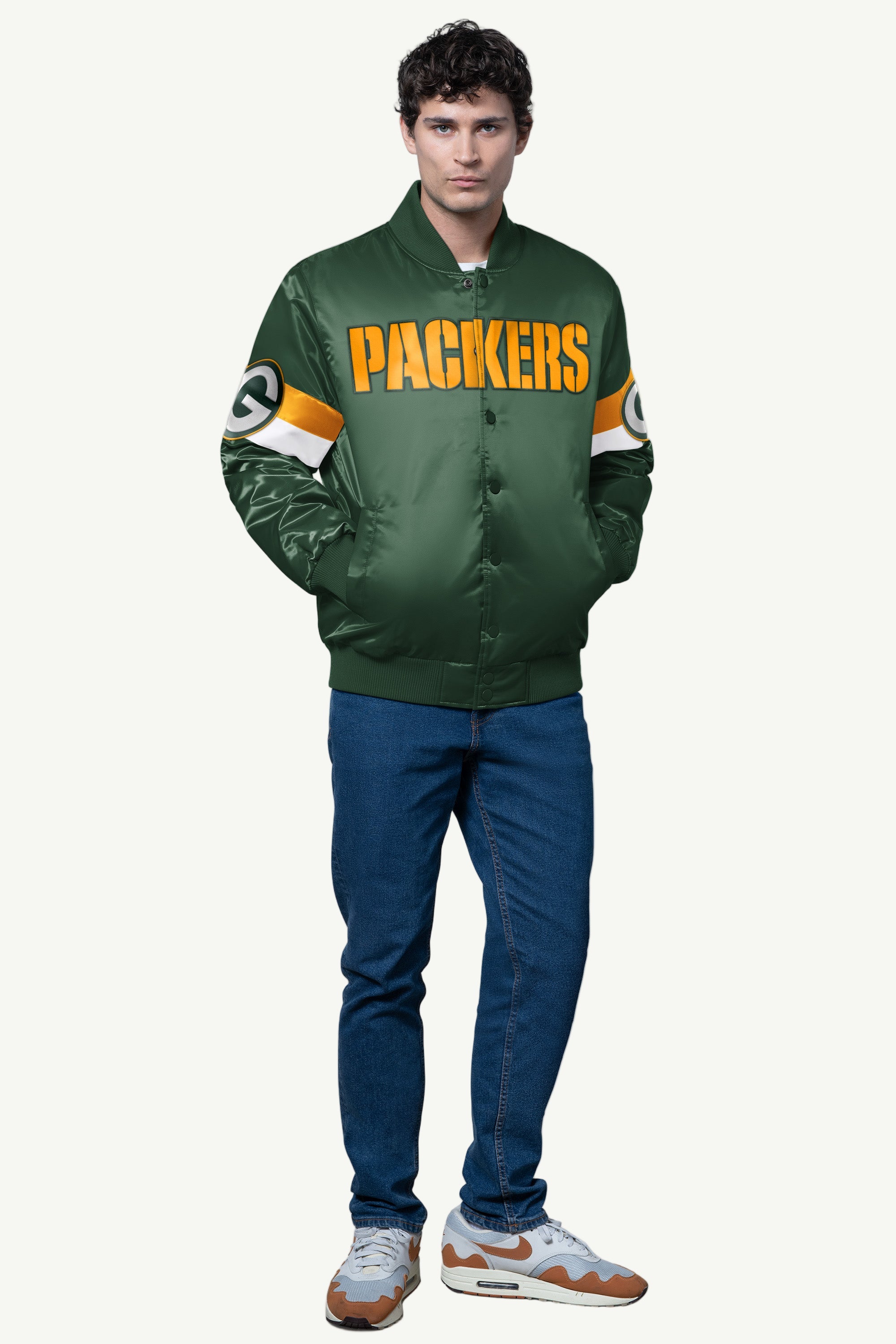 MENS GREEN BAY PACKERS TRIPLE OPTION SATIN VARSITY JACKET View 3 MENS GREEN BAY PACKERS TRIPLE OPTION SATIN VARSITY JACKET View 3