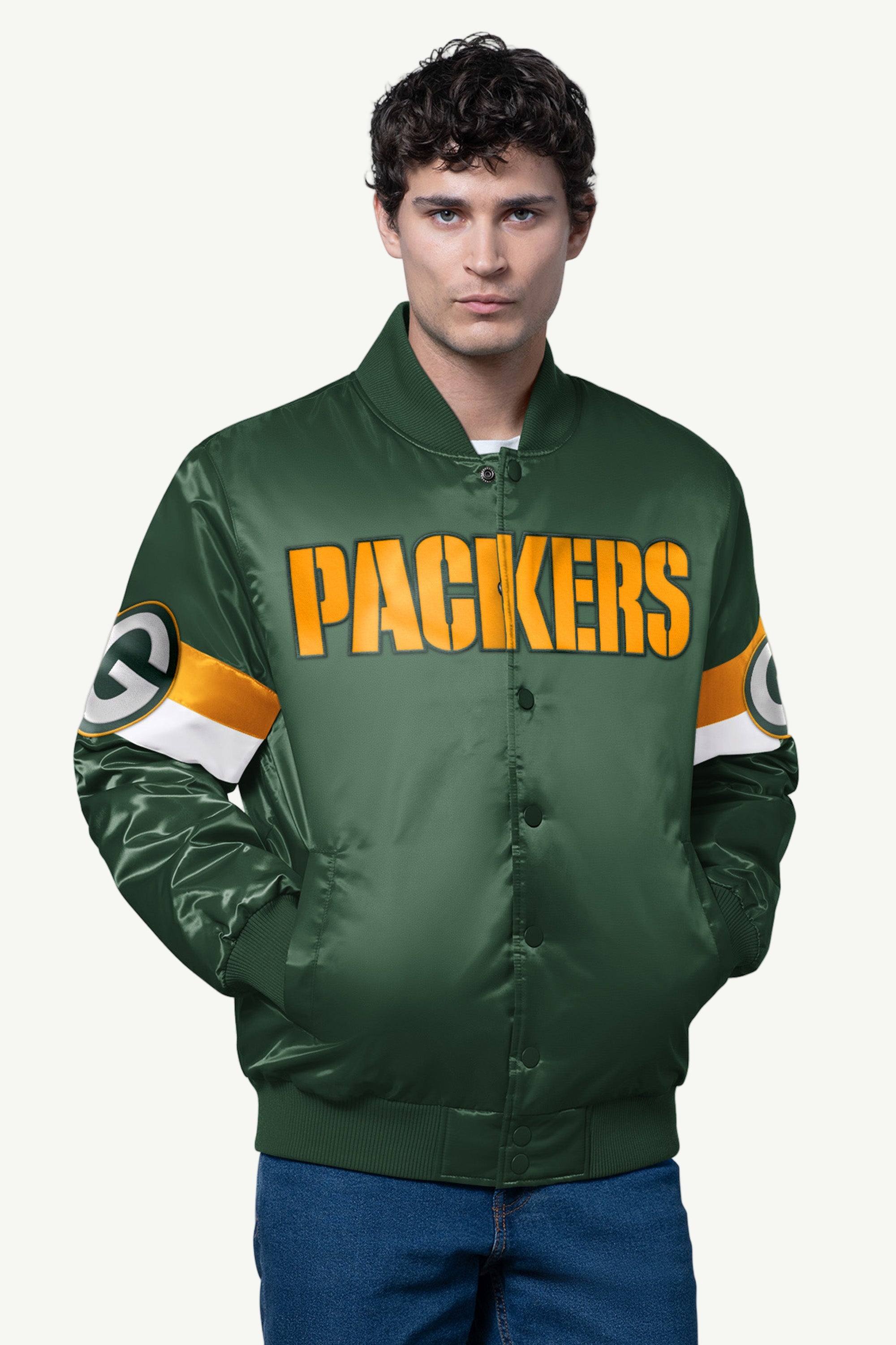 MENS GREEN BAY PACKERS TRIPLE OPTION SATIN VARSITY JACKET View 1 MENS GREEN BAY PACKERS TRIPLE OPTION SATIN VARSITY JACKET View 1