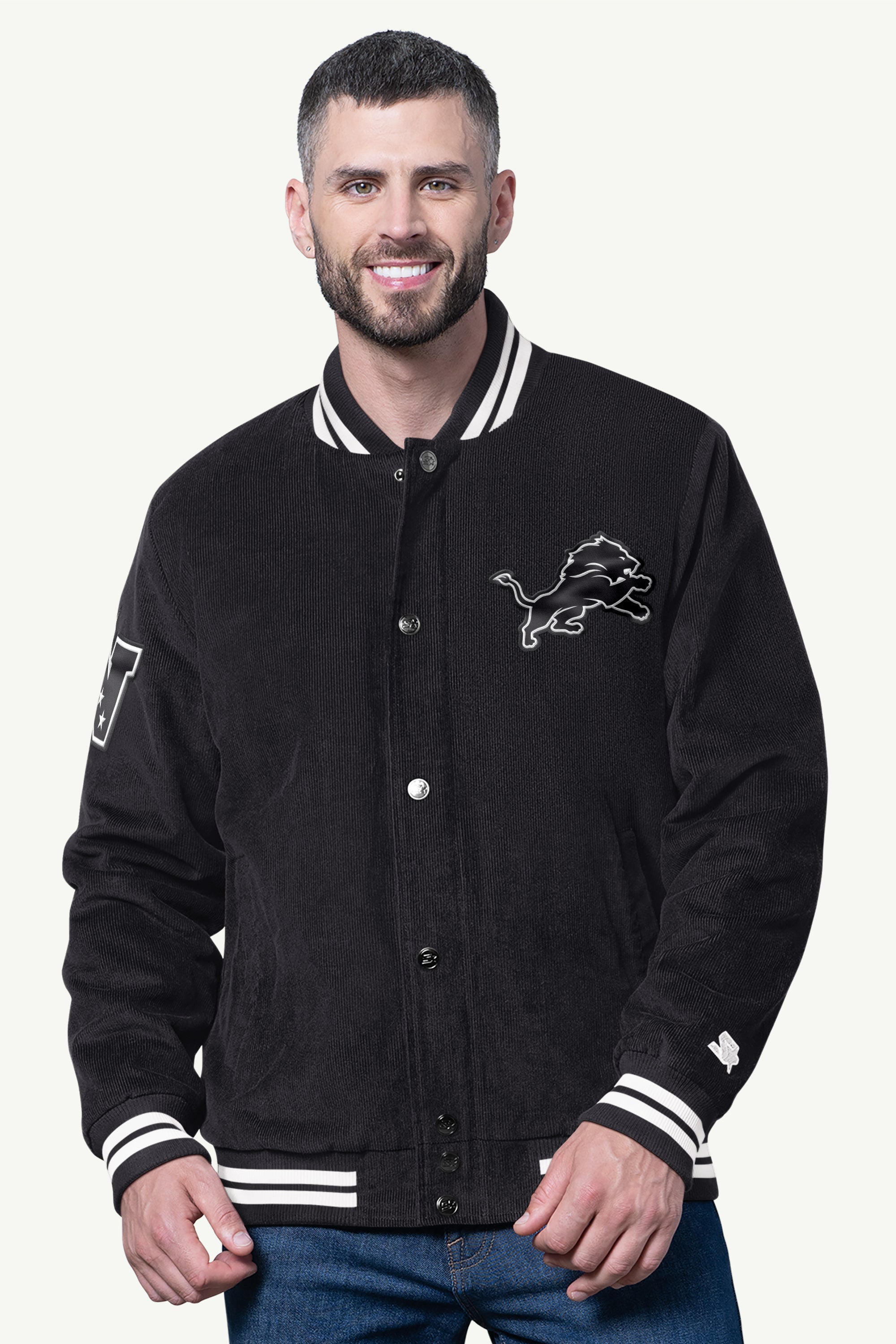 MENS DETROIT LIONS BLACKOUT CORDUROY VARSITY JACKET View 1 | NFL MENS DETROIT LIONS BLACKOUT CORDUROY VARSITY JACKET View 1 | NFL