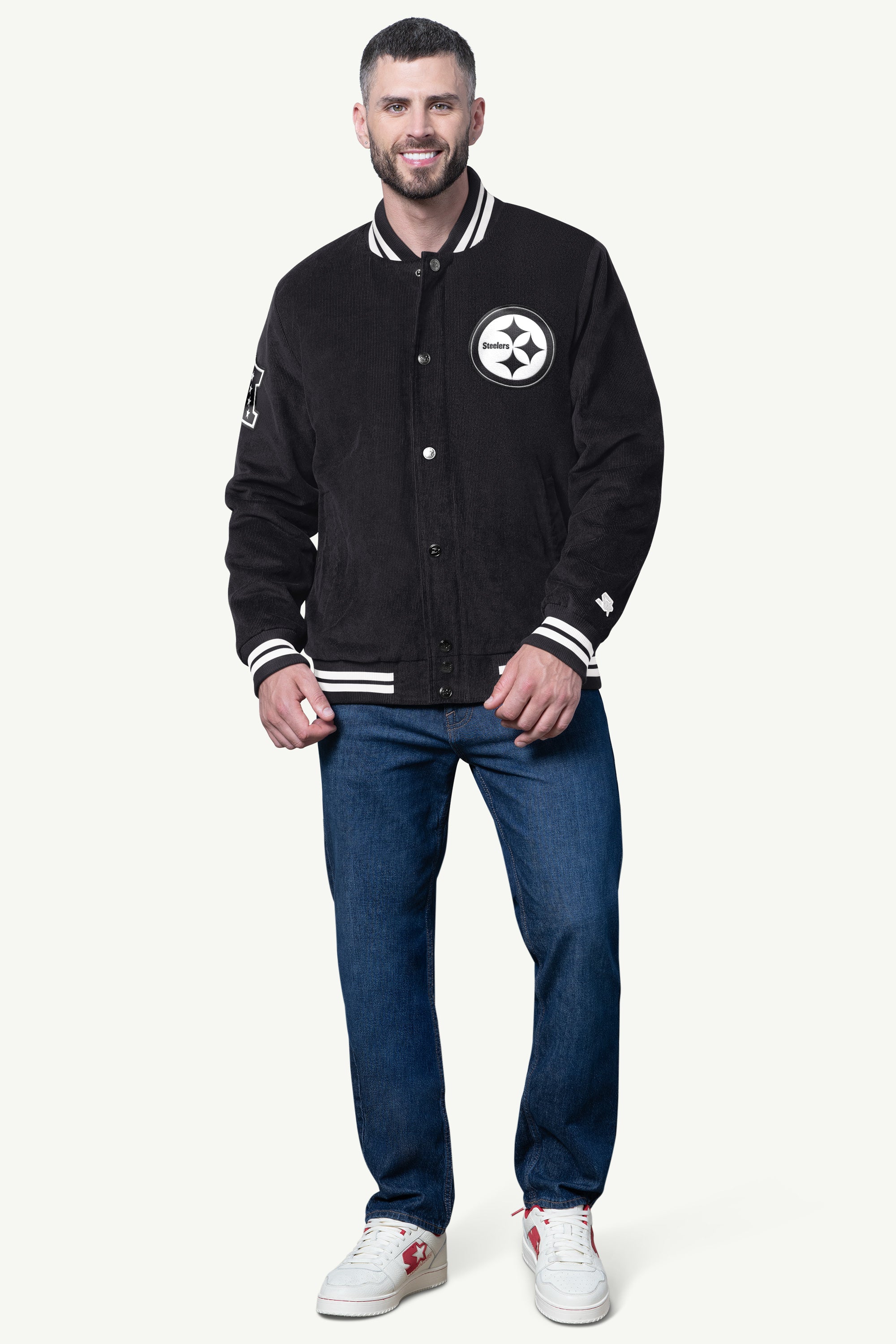 MENS PITTSBURGH STEELERS BLACKOUT CORDUROY VARSITY JACKET View 3 | NFL MENS PITTSBURGH STEELERS BLACKOUT CORDUROY VARSITY JACKET View 3 | NFL