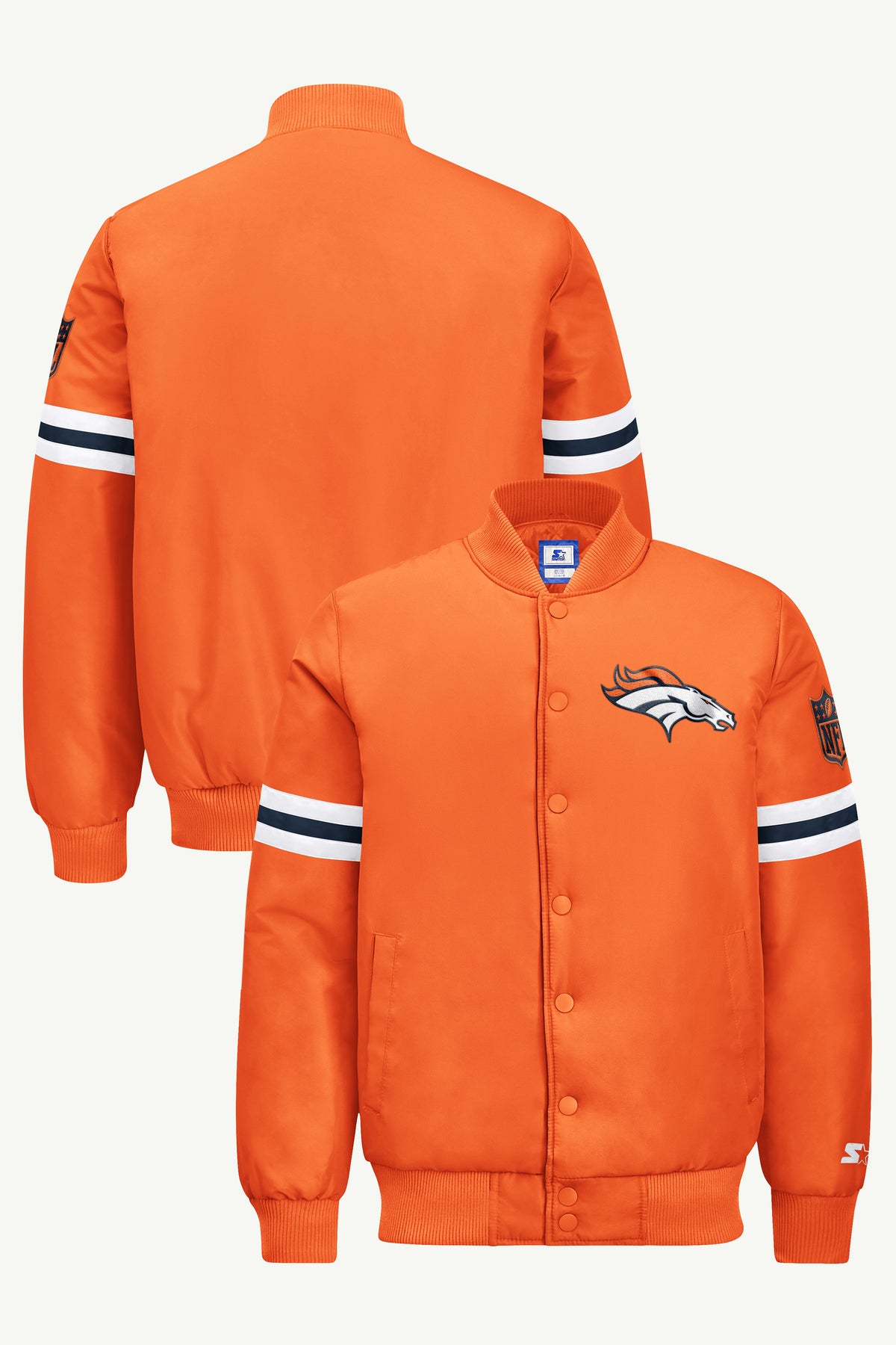 MENS DENVER BRONCOS STRIPE SLEEVE VARSITY JACKET View 1 | STARTER JACKETS MENS DENVER BRONCOS STRIPE SLEEVE VARSITY JACKET View 1 | STARTER JACKETS