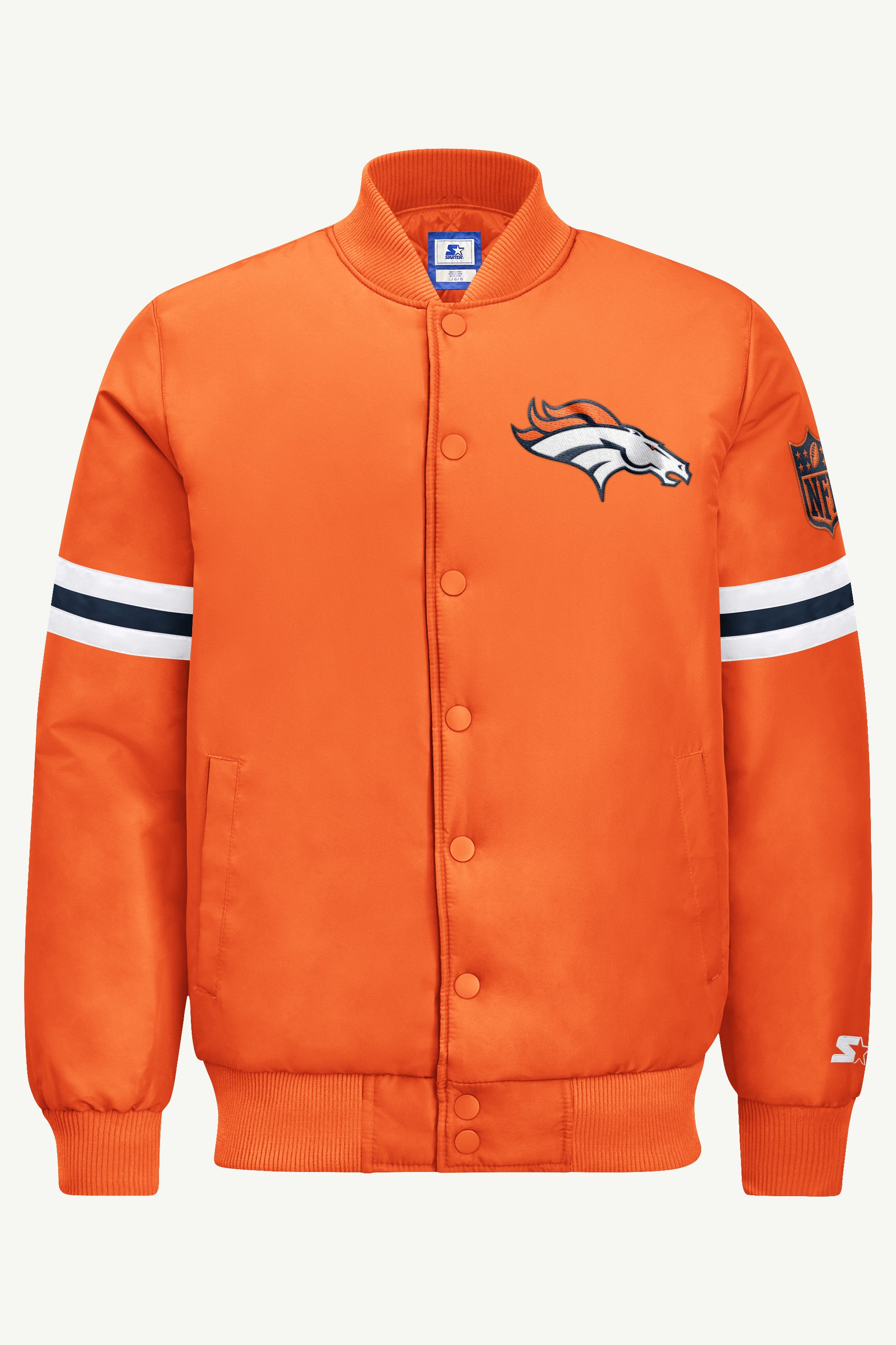 MENS DENVER BRONCOS STRIPE SLEEVE VARSITY JACKET View 2 | STARTER JACKETS MENS DENVER BRONCOS STRIPE SLEEVE VARSITY JACKET View 2 | STARTER JACKETS