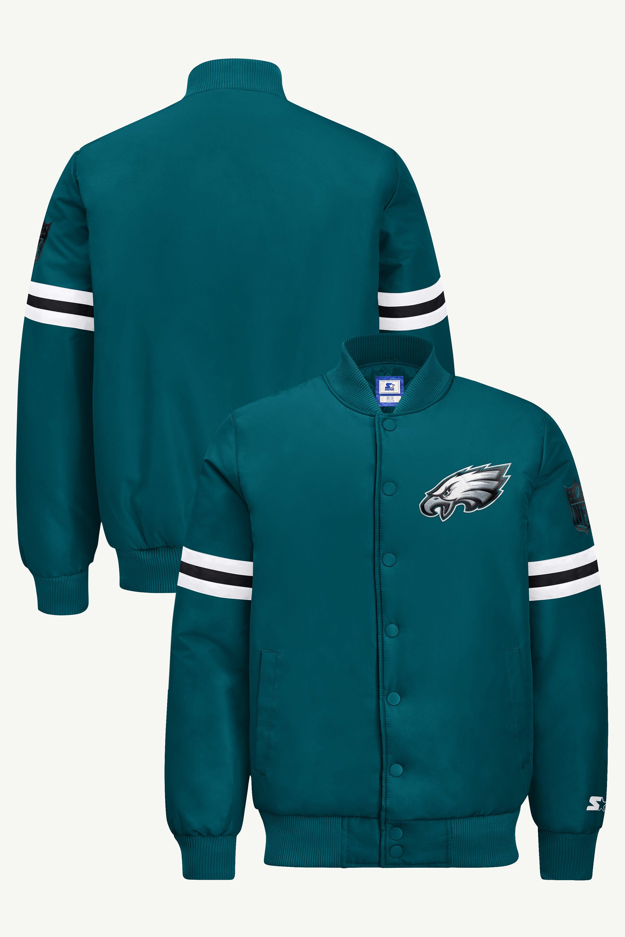 MENS PHILADELPHIA EAGLES STRIPE SLEEVE VARSITY JACKET View 1 | STARTER JACKETS MENS PHILADELPHIA EAGLES STRIPE SLEEVE VARSITY JACKET View 1 | STARTER JACKETS