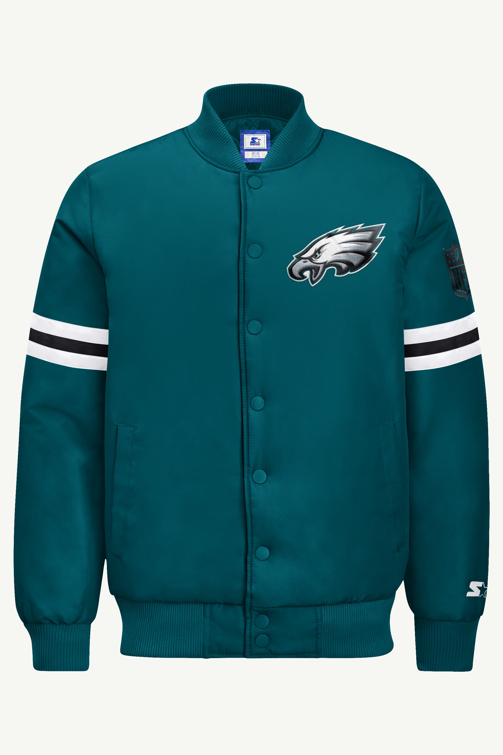 MENS PHILADELPHIA EAGLES STRIPE SLEEVE VARSITY JACKET View 2 | STARTER JACKETS MENS PHILADELPHIA EAGLES STRIPE SLEEVE VARSITY JACKET View 2 | STARTER JACKETS