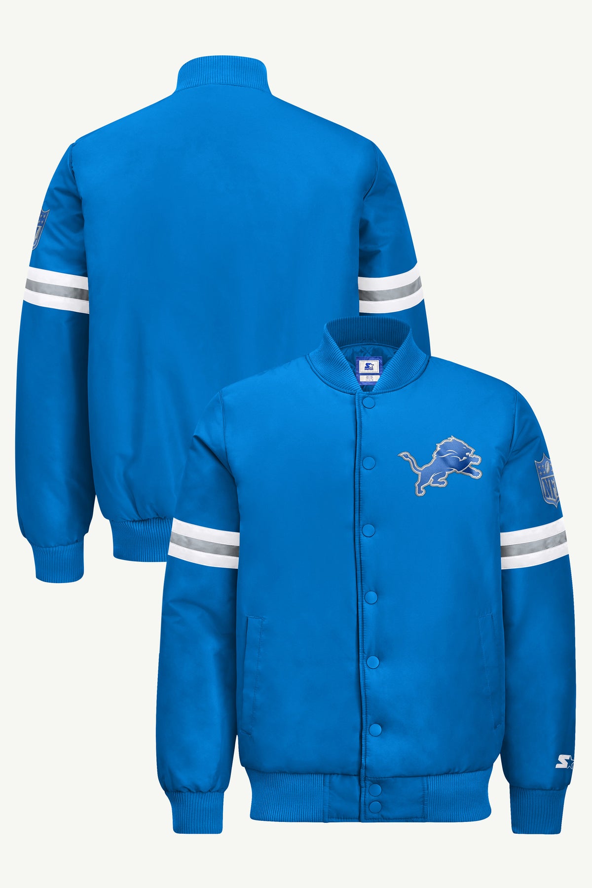 MENS DETROIT LIONS STRIPE SLEEVE VARSITY JACKET View 1 | STARTER JACKETS MENS DETROIT LIONS STRIPE SLEEVE VARSITY JACKET View 1 | STARTER JACKETS