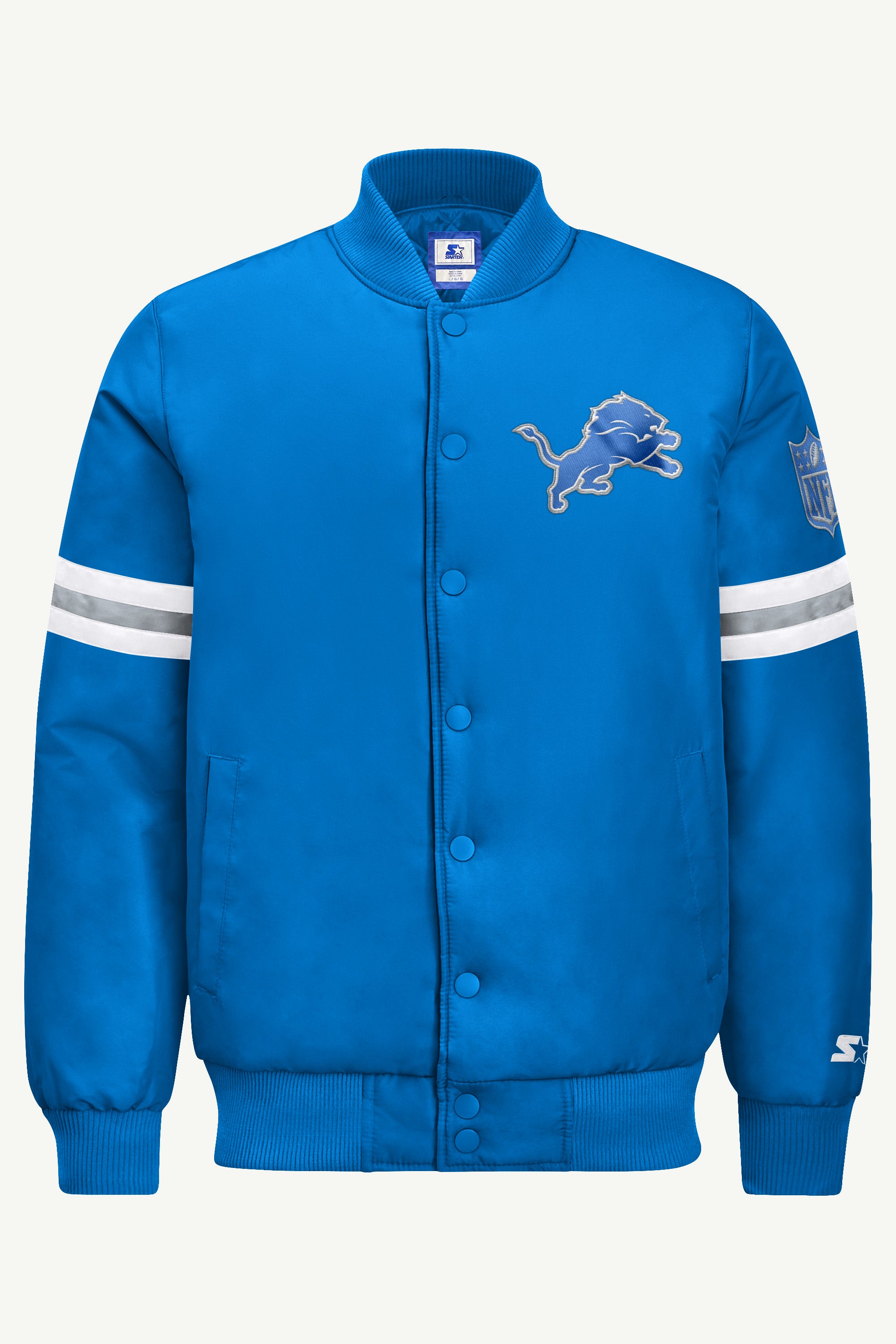 MENS DETROIT LIONS STRIPE SLEEVE VARSITY JACKET View 2 | STARTER JACKETS MENS DETROIT LIONS STRIPE SLEEVE VARSITY JACKET View 2 | STARTER JACKETS