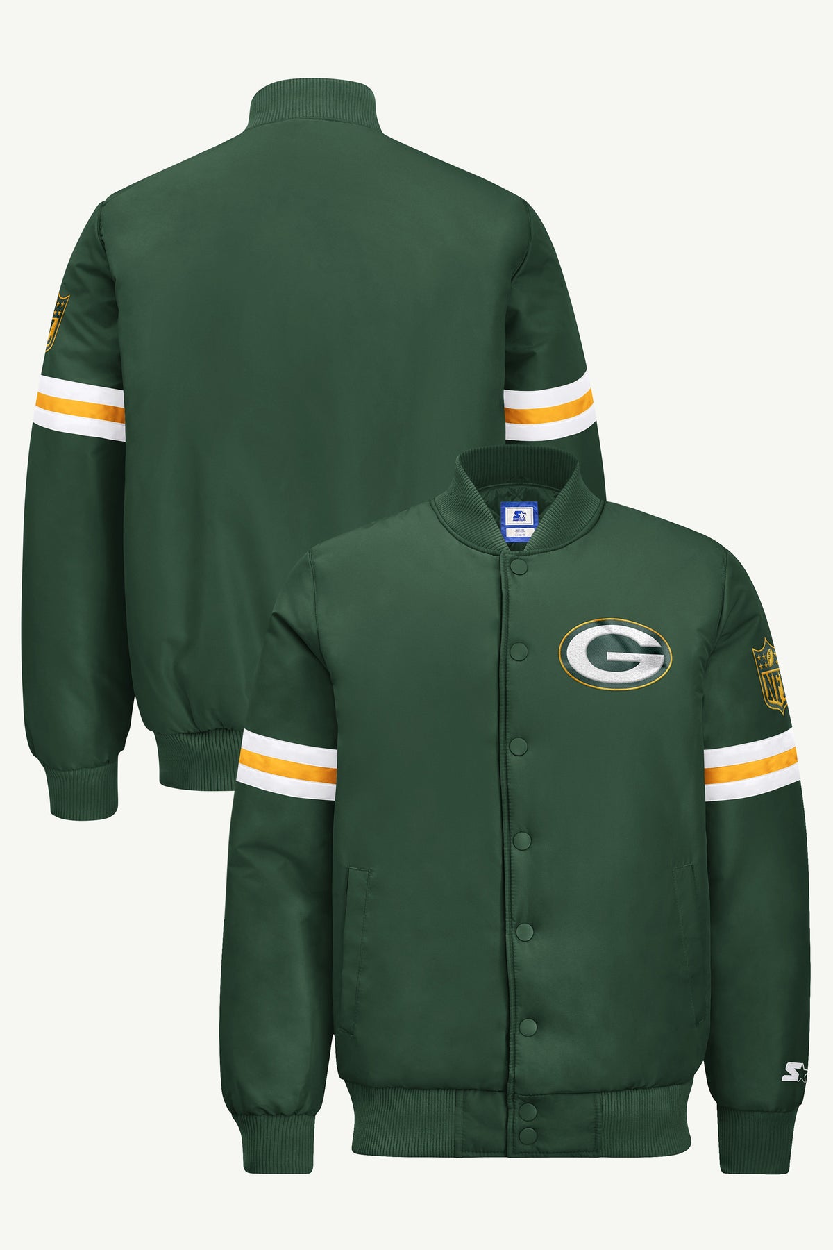MENS GREEN BAY PACKERS STRIPE SLEEVE VARSITY JACKET View 1 | STARTER JACKETS MENS GREEN BAY PACKERS STRIPE SLEEVE VARSITY JACKET View 1 | STARTER JACKETS